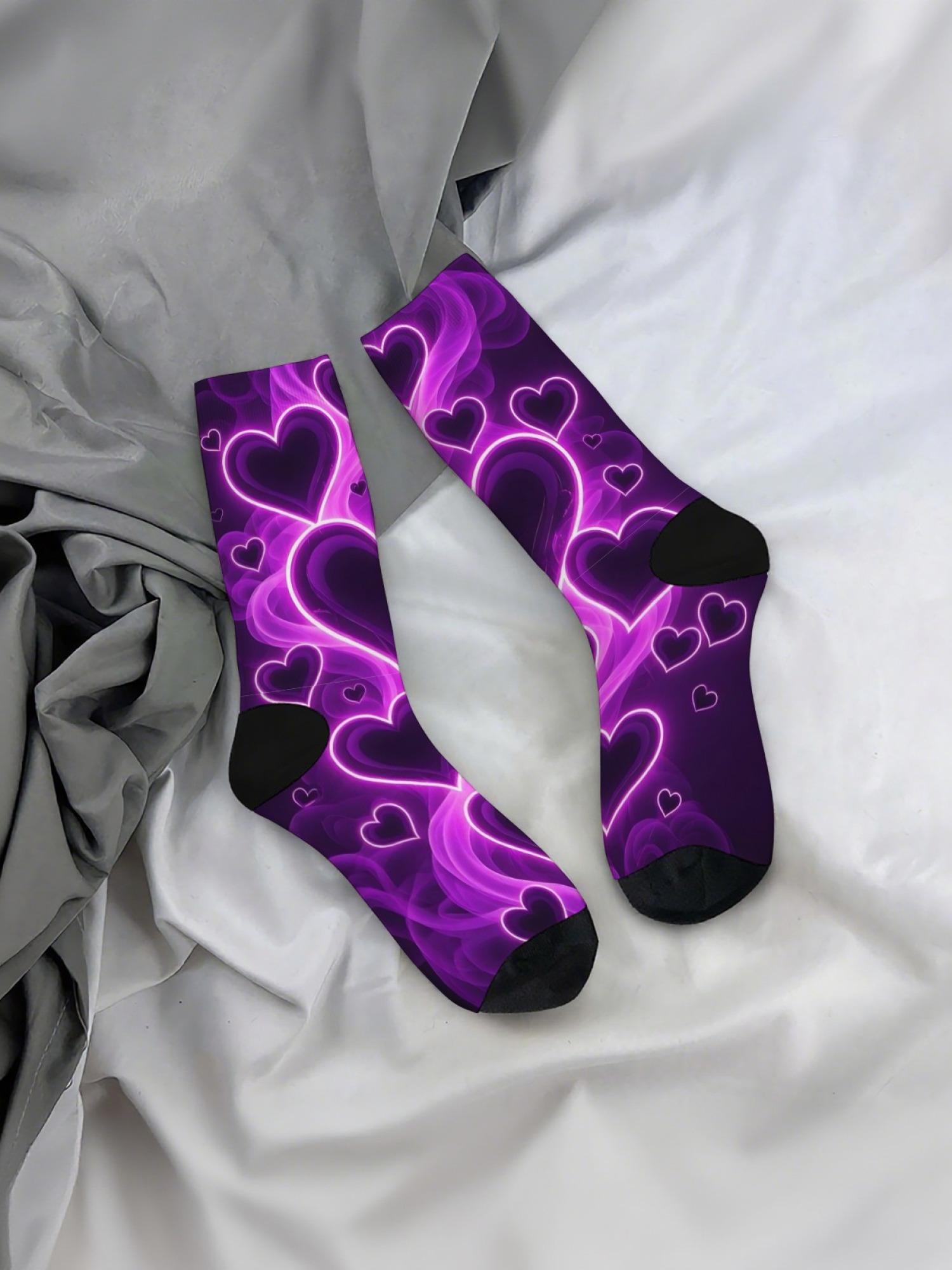 "Burning Love" Flaming Heart Crew Socks | Neon Fire Graphic Sock Set (3 Pairs)