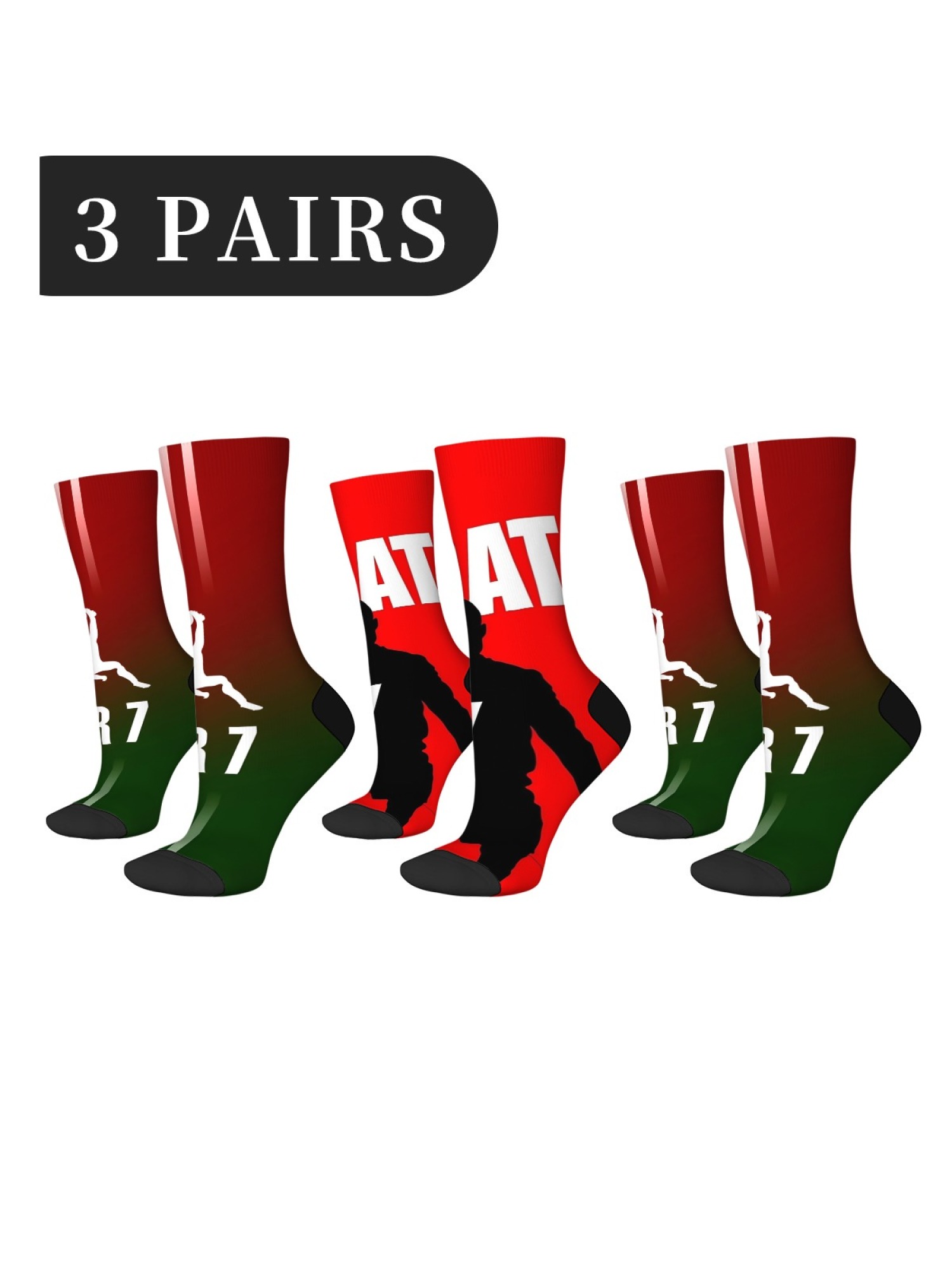 "The G.O.A.T." Soccer Fan Crew Socks | CR7 & Number 7 Graphic Sock Set (3 Pairs)