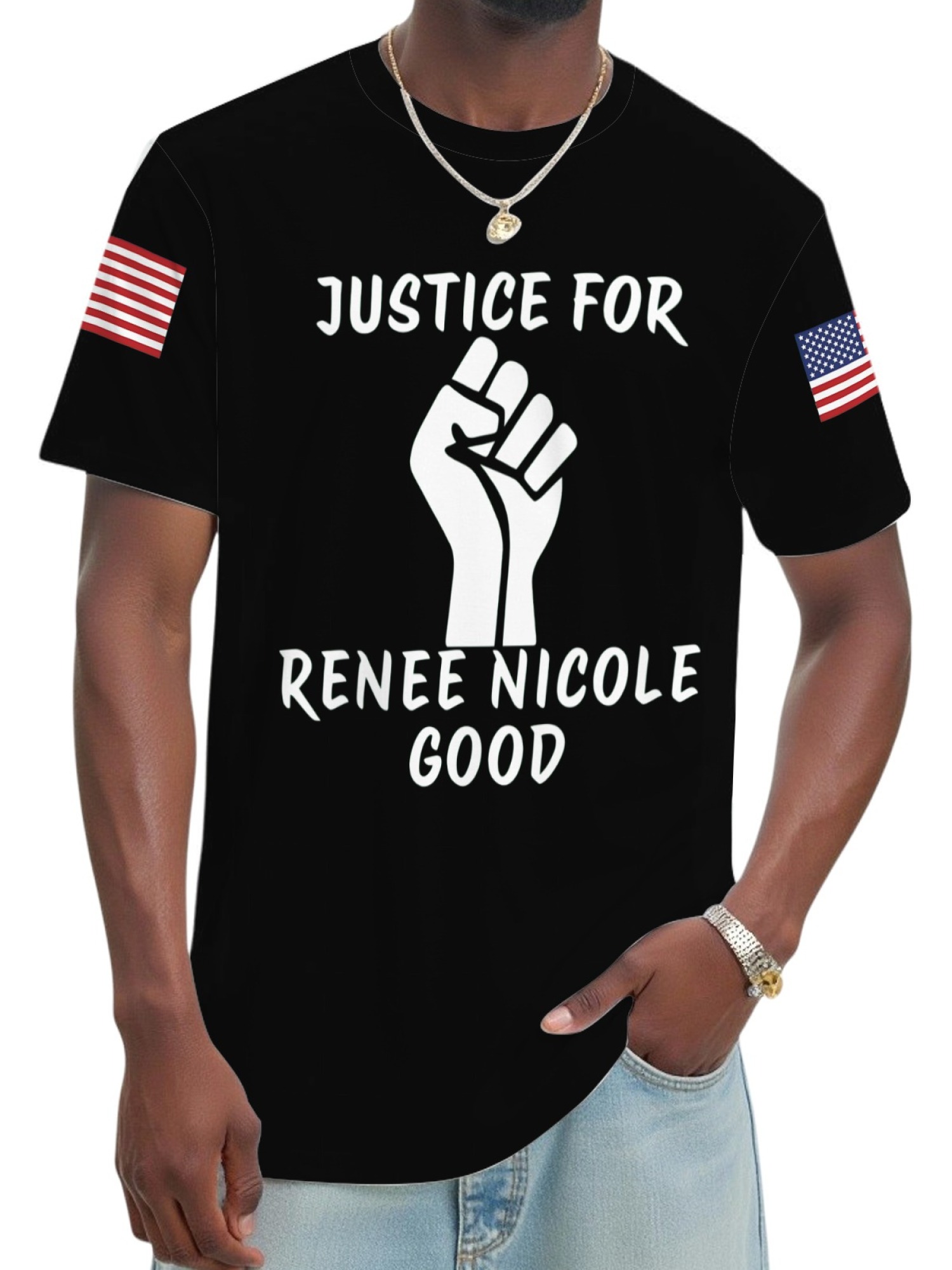"Justice For Renee Nicole Good" Memorial T-Shirt | American Flag Sleeve Tee