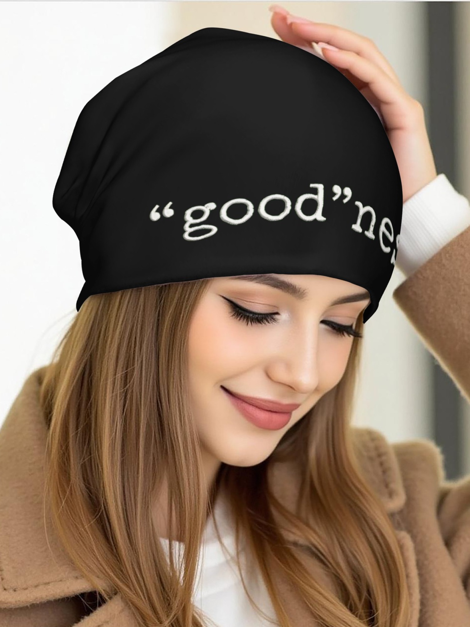 "good"ness Statement Beanie | Minimalist Slouchy Knit Hat (Black & White)