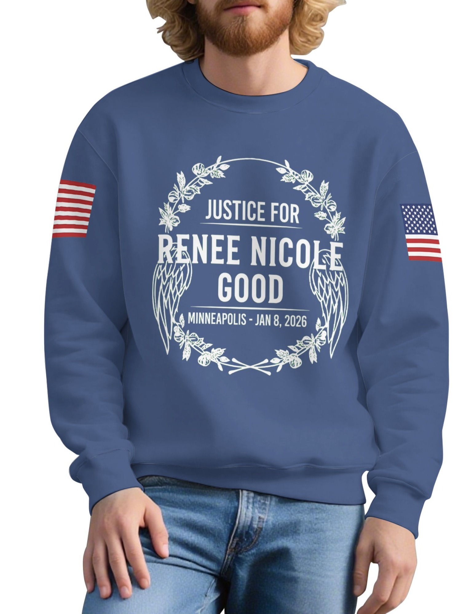 "Justice For Renee Nicole Good" Memorial Sweatshirt | American Flag Sleeve Crewneck