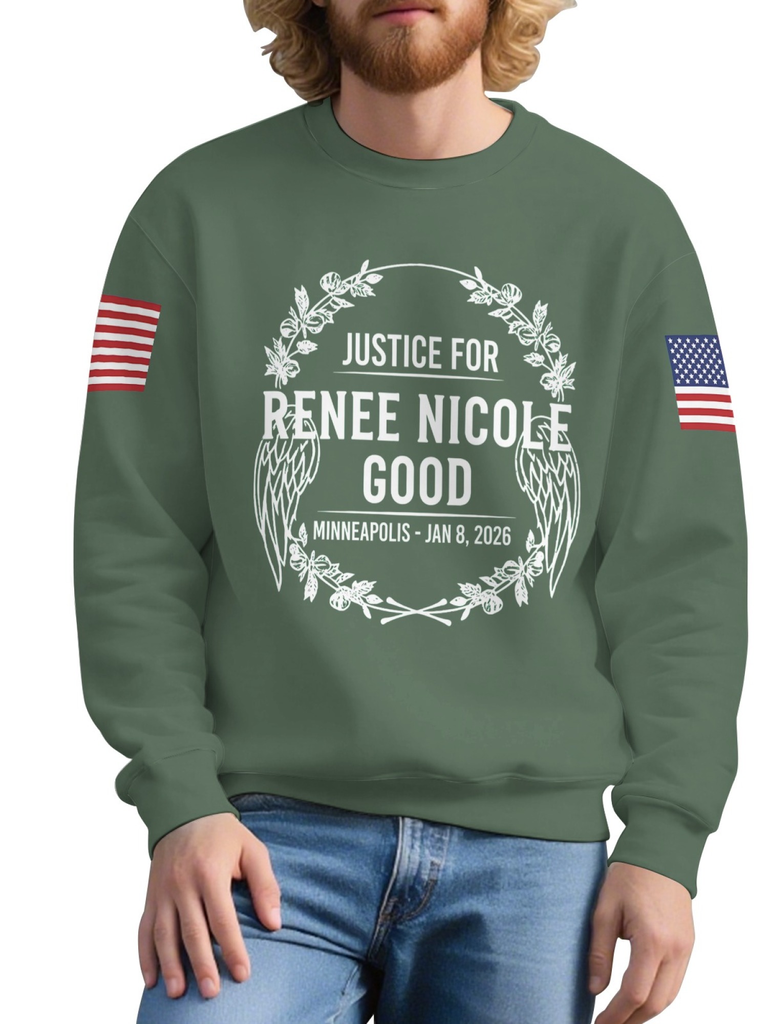 "Justice For Renee Nicole Good" Memorial Sweatshirt | American Flag Sleeve Crewneck