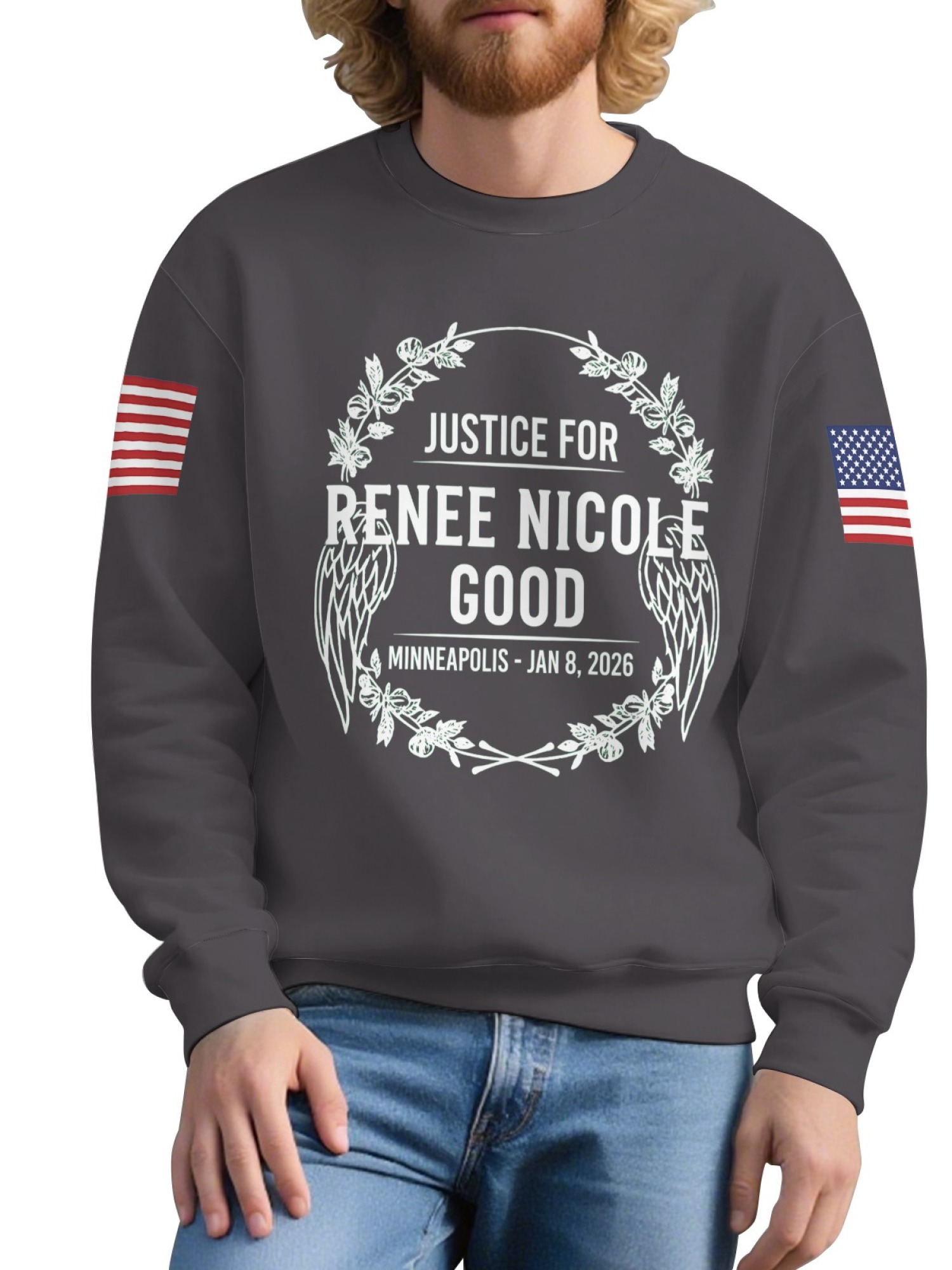 "Justice For Renee Nicole Good" Memorial Sweatshirt | American Flag Sleeve Crewneck