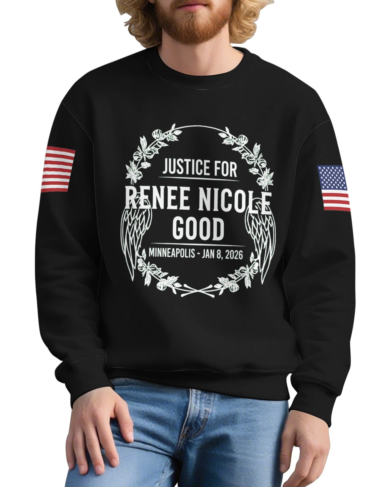 "Justice For Renee Nicole Good" Memorial Sweatshirt | American Flag Sleeve Crewneck