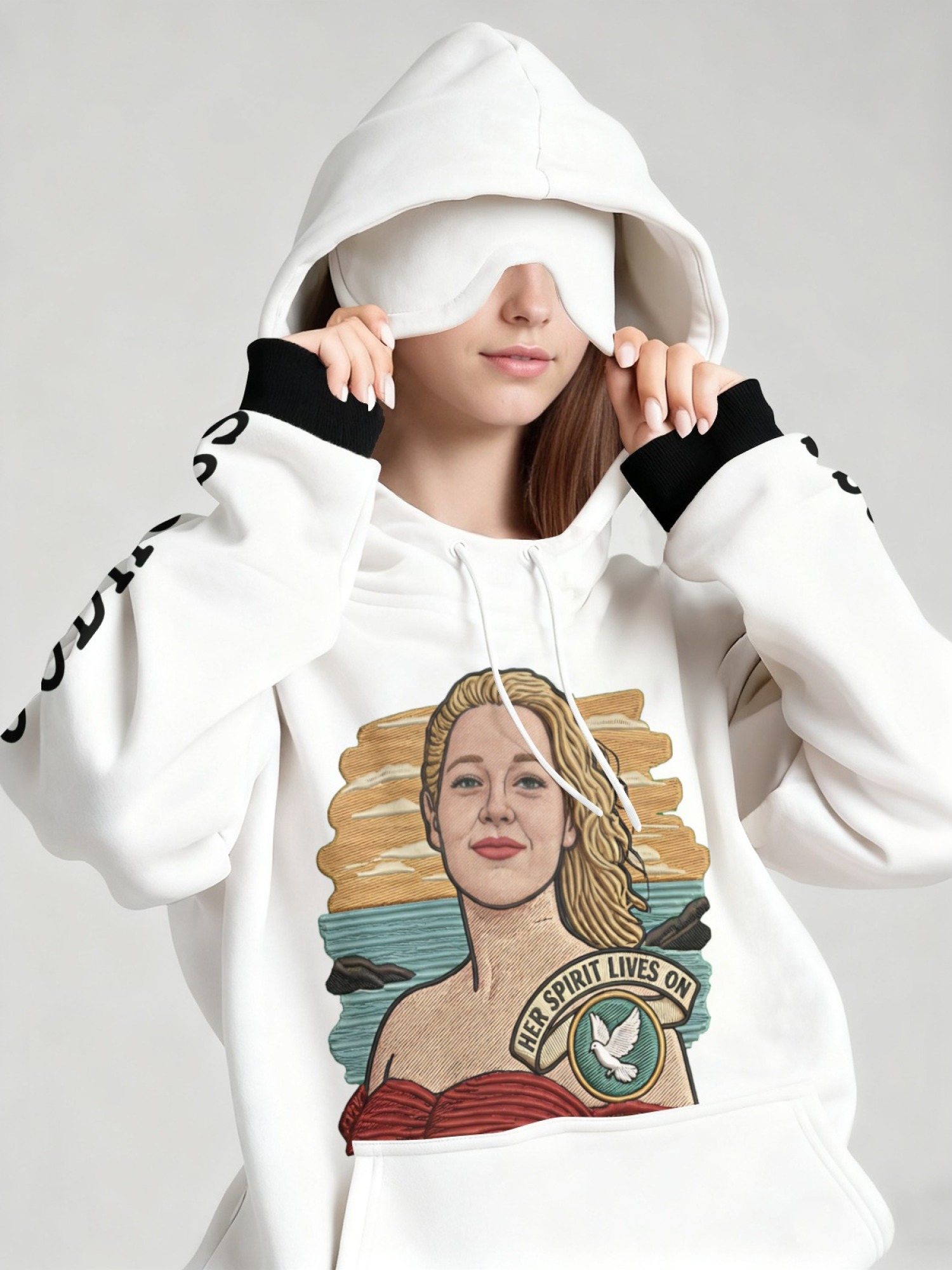 "Her Spirit Lives On" Memorial Hoodie & Sleep Mask Set | 2-Piece Tribute Bundle with Contrast Cuffs