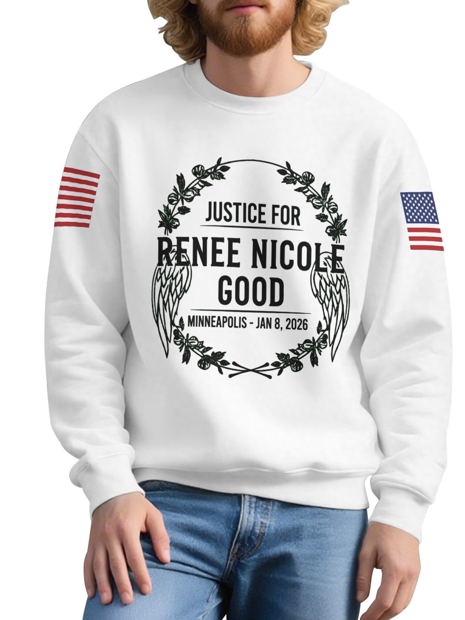 "Justice For Renee Nicole Good" Memorial Sweatshirt | American Flag Sleeve Crewneck