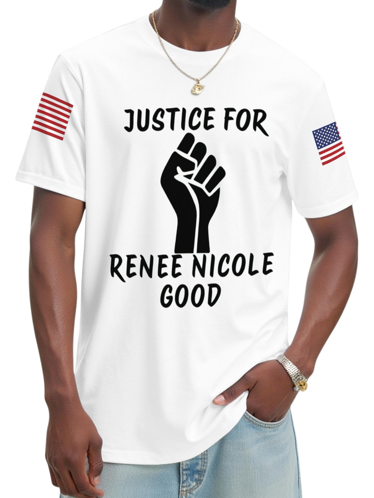 "Justice For Renee Nicole Good" Memorial T-Shirt | American Flag Sleeve Tee