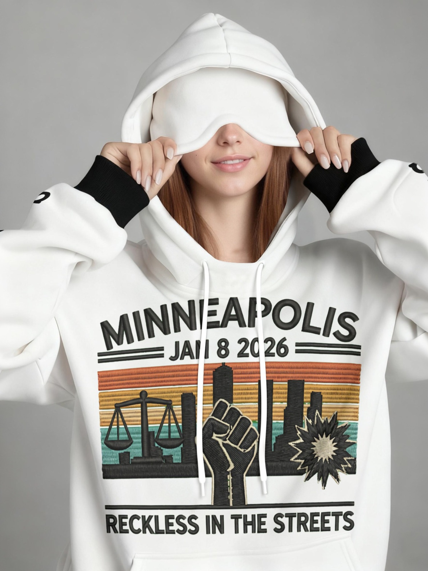 "Reckless In The Streets" Minneapolis Hoodie & Sleep Mask Set | Jan 8 2026 Commemorative Pullover with Contrast Cuffs