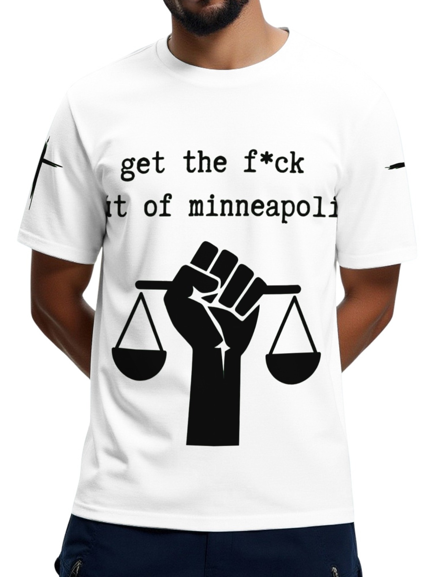 "GTFO Minneapolis" Statement T-Shirt | Justice Scales Graphic Tee with Sleeve Prints