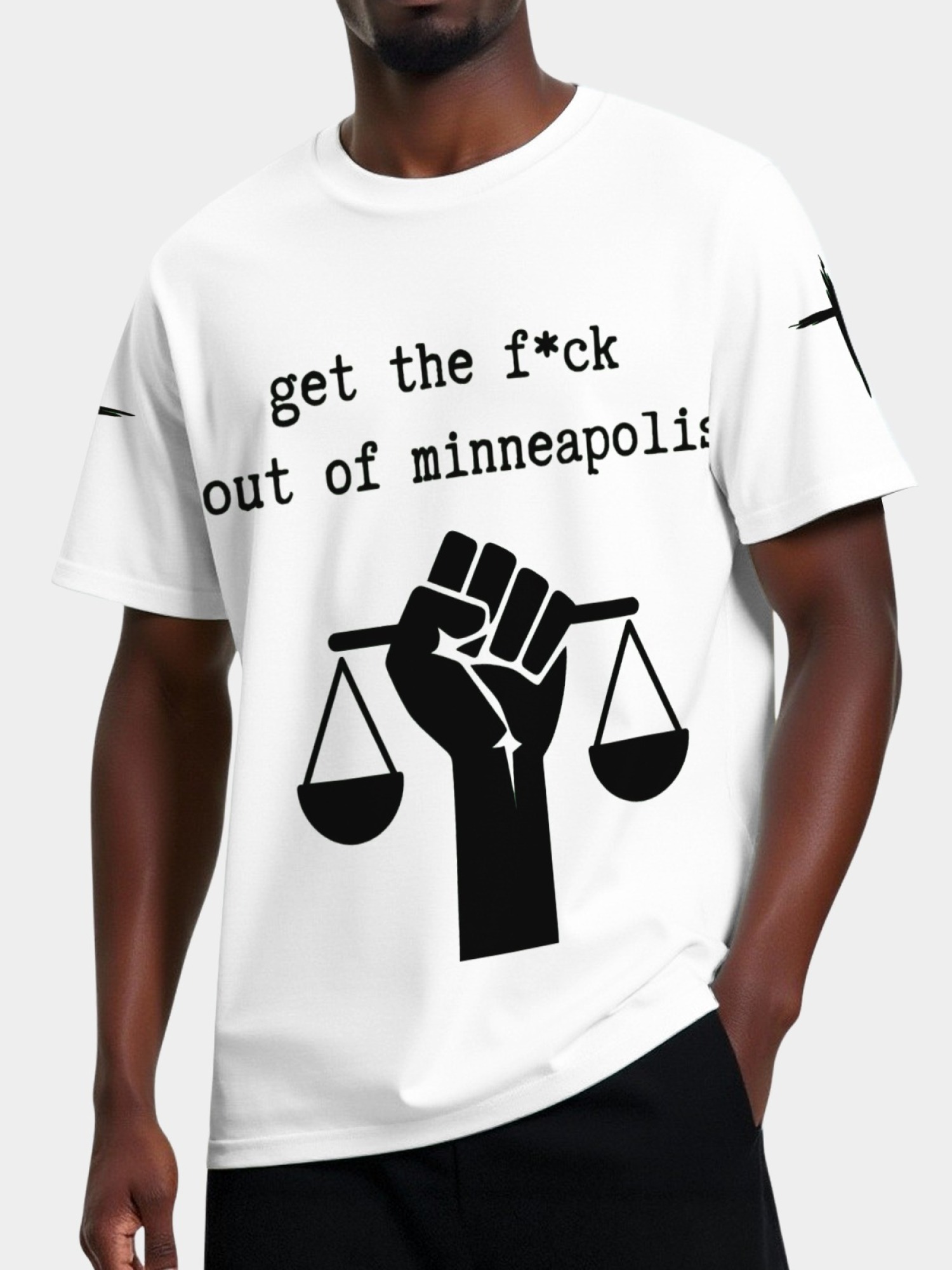 "GTFO Minneapolis" Statement T-Shirt | Justice Scales Graphic Tee with Sleeve Prints