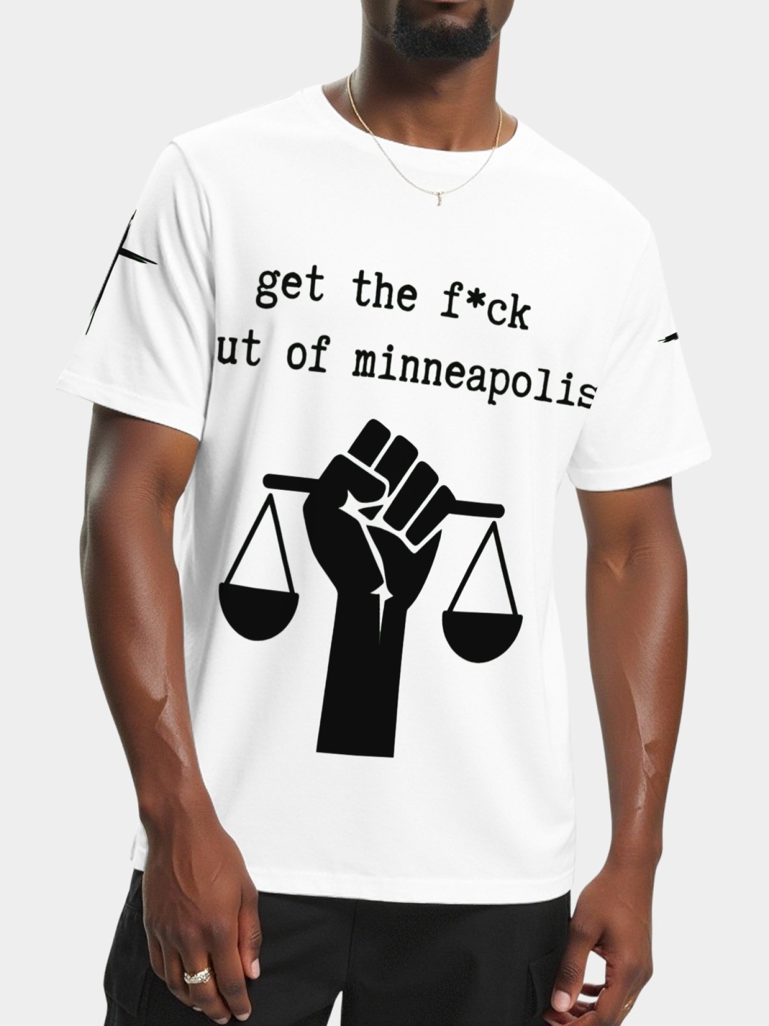 "GTFO Minneapolis" Statement T-Shirt | Justice Scales Graphic Tee with Sleeve Prints