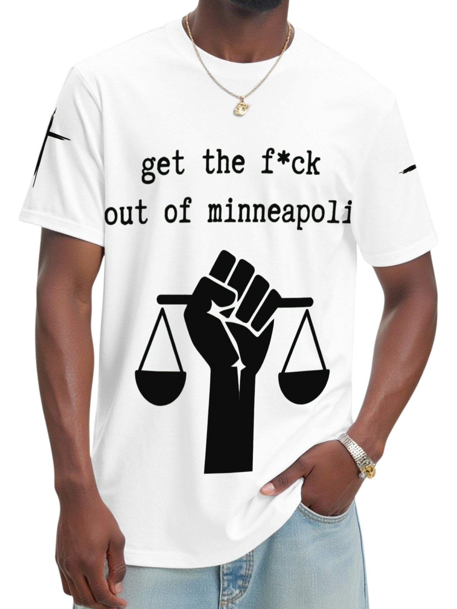 "GTFO Minneapolis" Statement T-Shirt | Justice Scales Graphic Tee with Sleeve Prints
