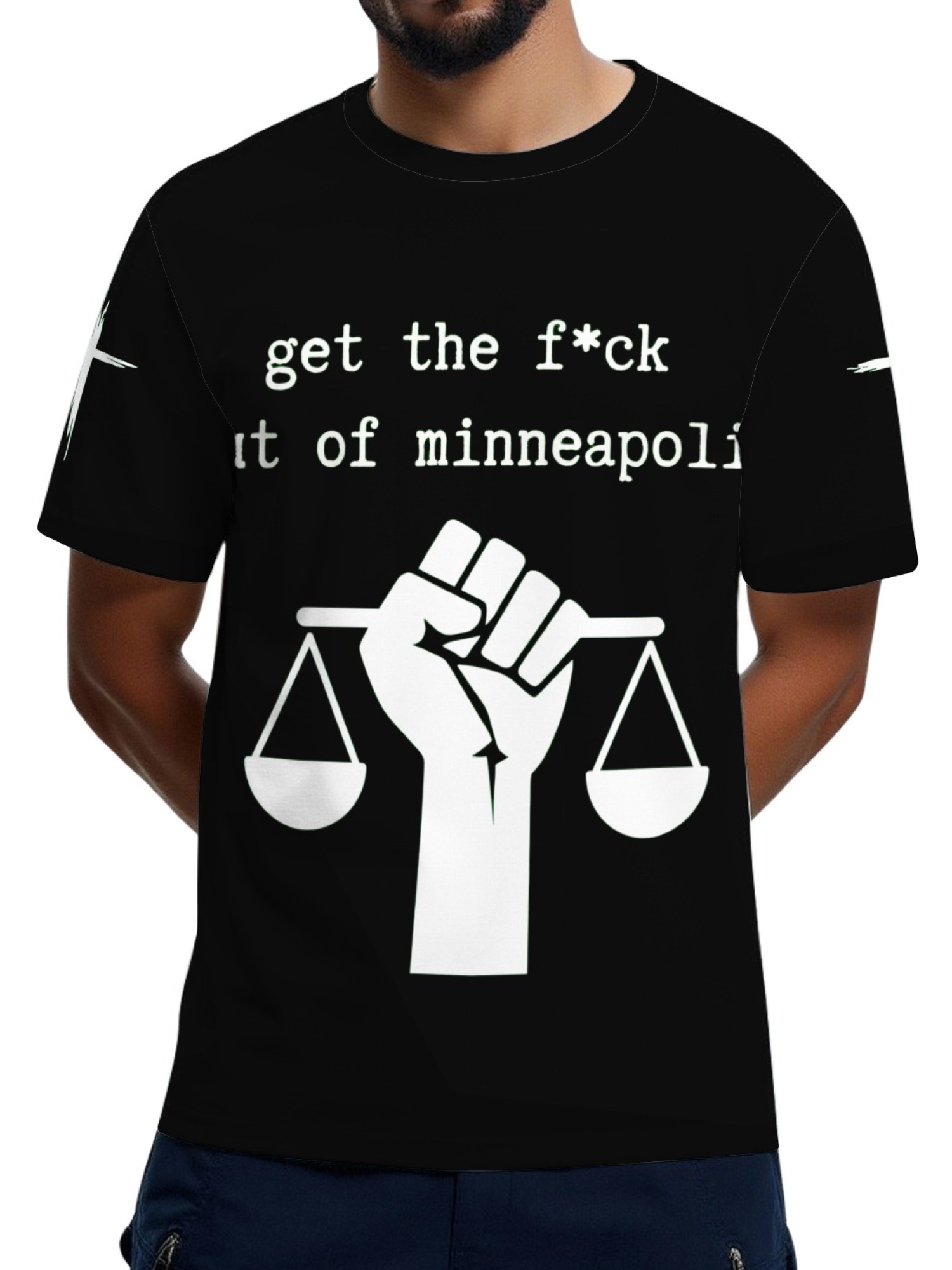 "GTFO Minneapolis" Statement T-Shirt | Justice Scales Graphic Tee with Sleeve Prints