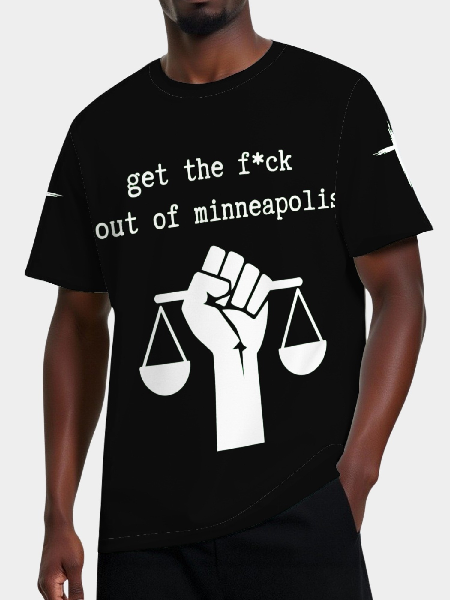 "GTFO Minneapolis" Statement T-Shirt | Justice Scales Graphic Tee with Sleeve Prints
