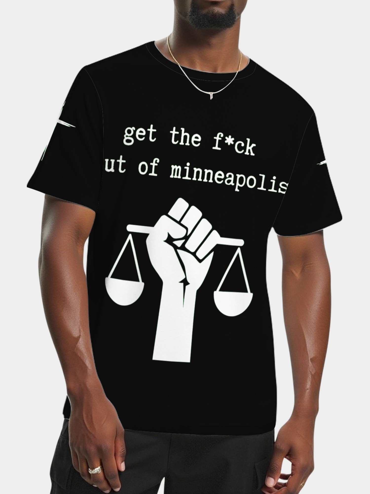 "GTFO Minneapolis" Statement T-Shirt | Justice Scales Graphic Tee with Sleeve Prints