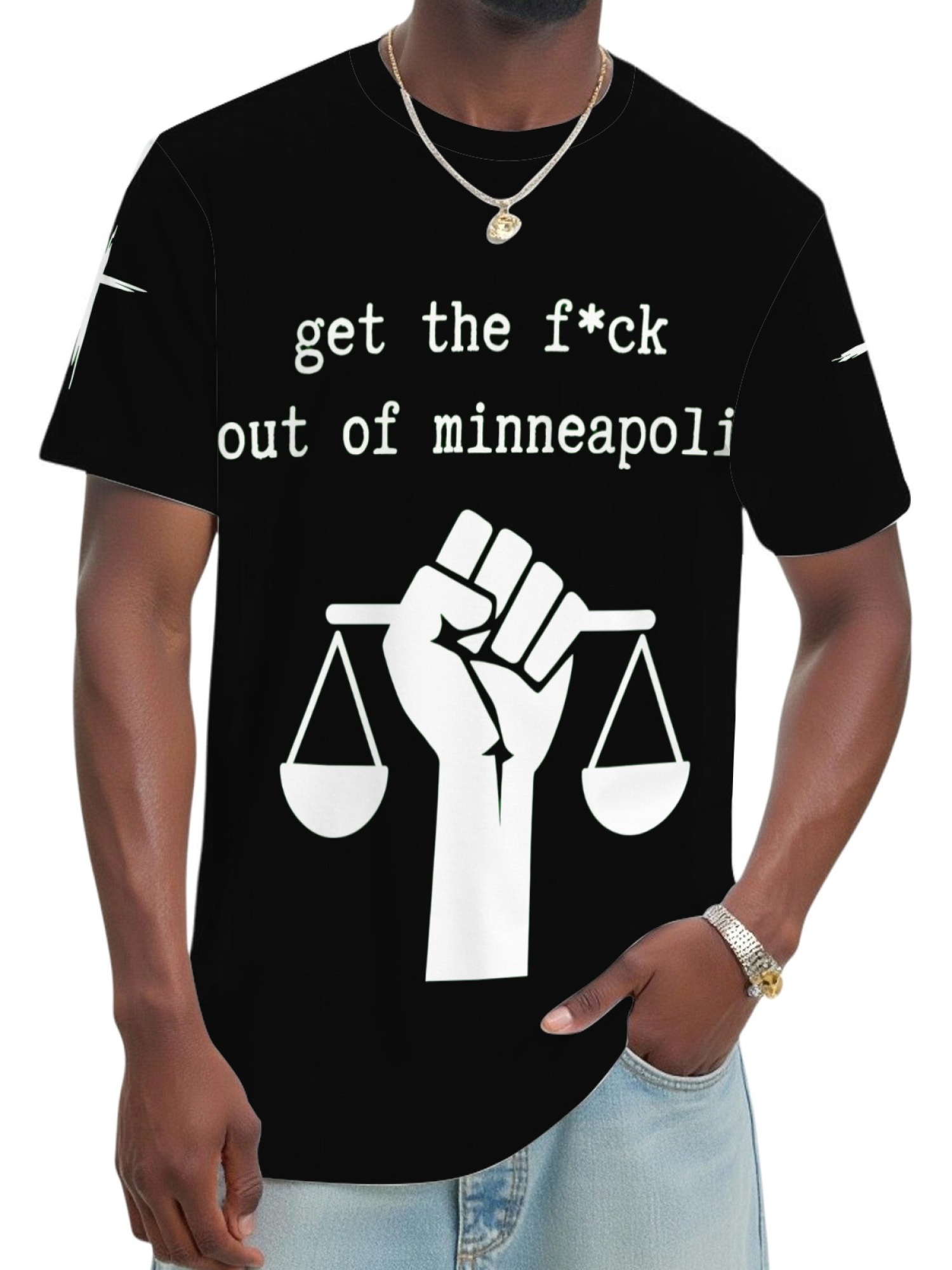 "GTFO Minneapolis" Statement T-Shirt | Justice Scales Graphic Tee with Sleeve Prints
