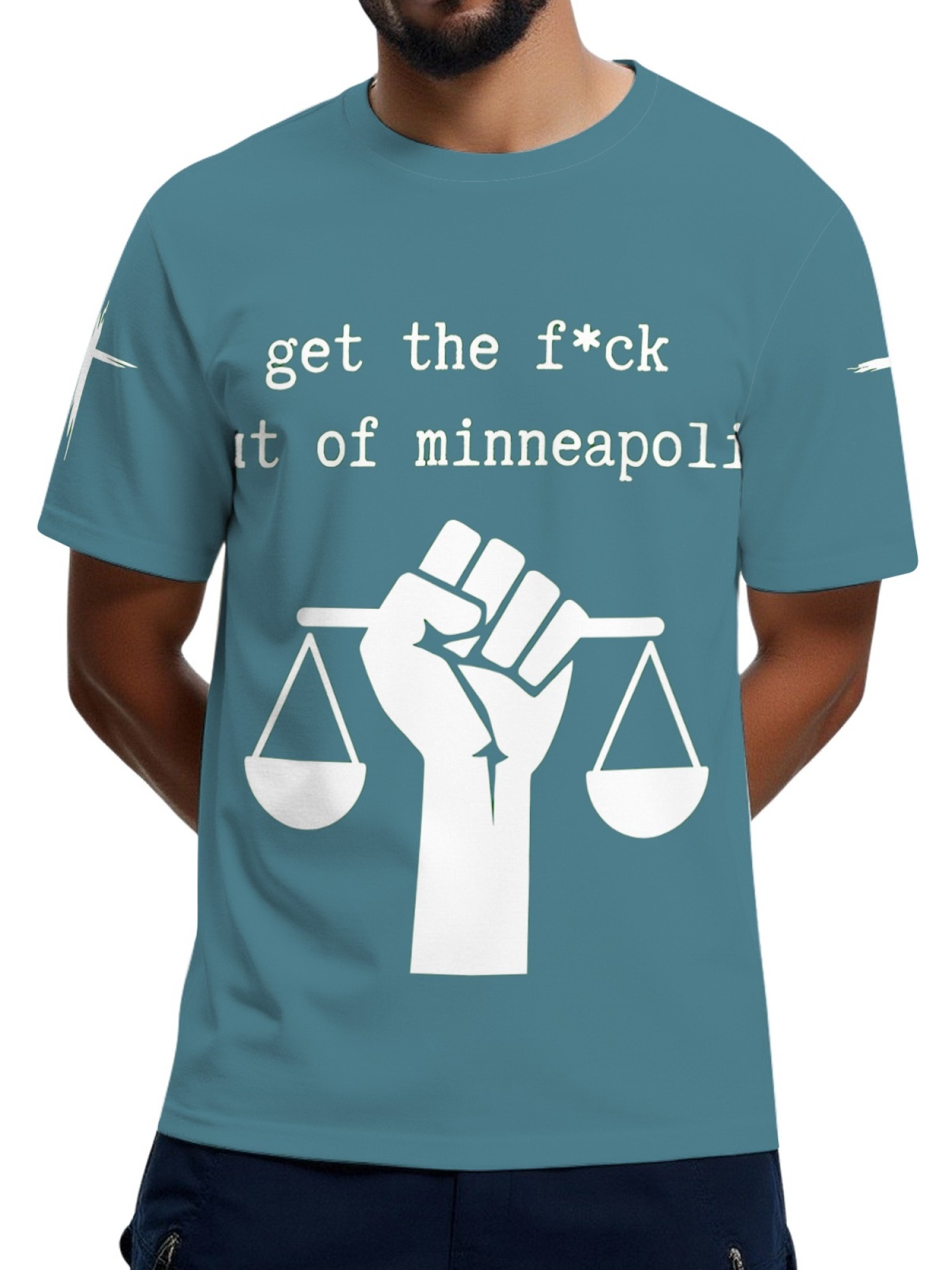 "GTFO Minneapolis" Statement T-Shirt | Justice Scales Graphic Tee with Sleeve Prints