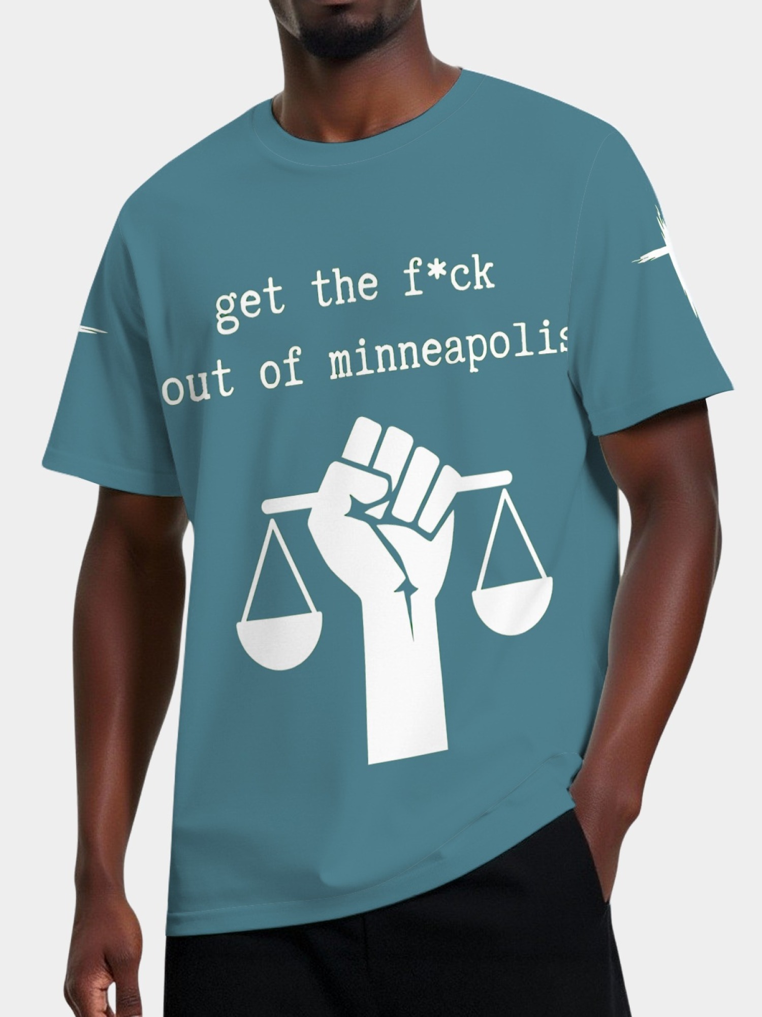 "GTFO Minneapolis" Statement T-Shirt | Justice Scales Graphic Tee with Sleeve Prints