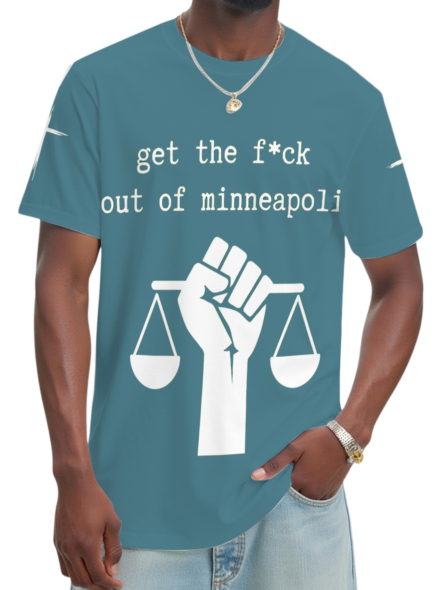 "GTFO Minneapolis" Statement T-Shirt | Justice Scales Graphic Tee with Sleeve Prints