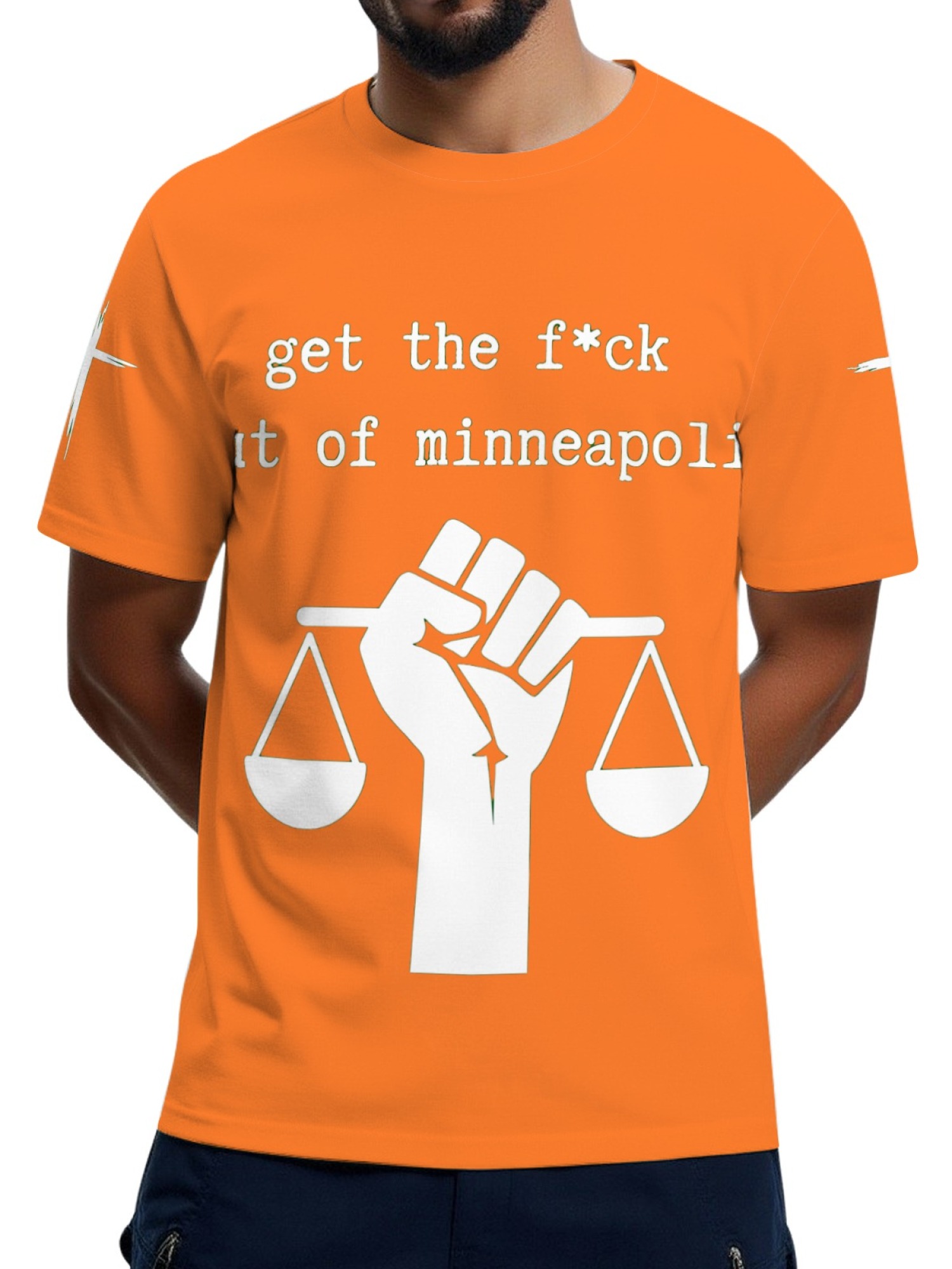 "GTFO Minneapolis" Statement T-Shirt | Justice Scales Graphic Tee with Sleeve Prints