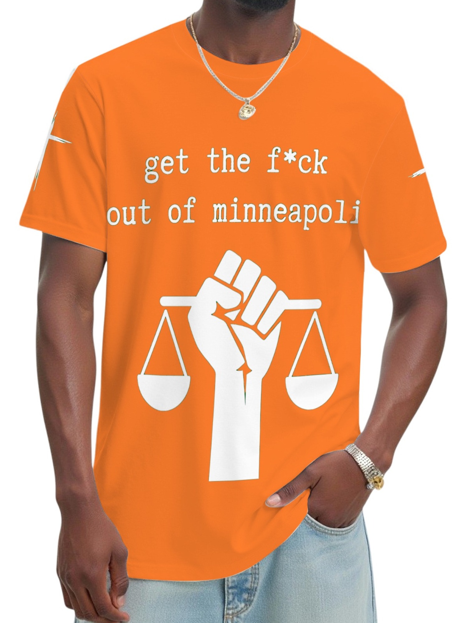 "GTFO Minneapolis" Statement T-Shirt | Justice Scales Graphic Tee with Sleeve Prints