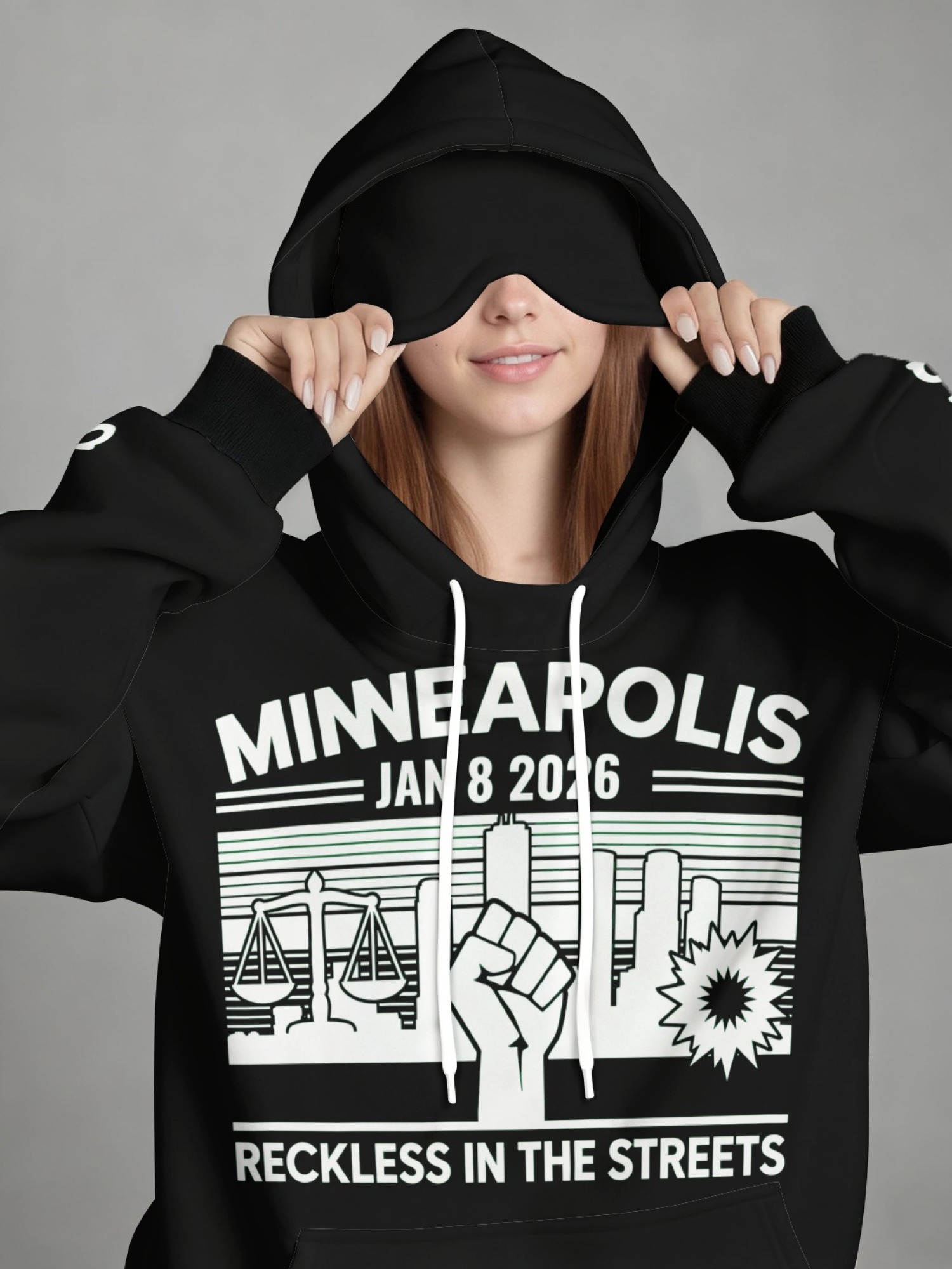 "Reckless In The Streets" Minneapolis Hoodie & Sleep Mask Set | Jan 8 2026 Commemorative Pullover with Contrast Cuffs