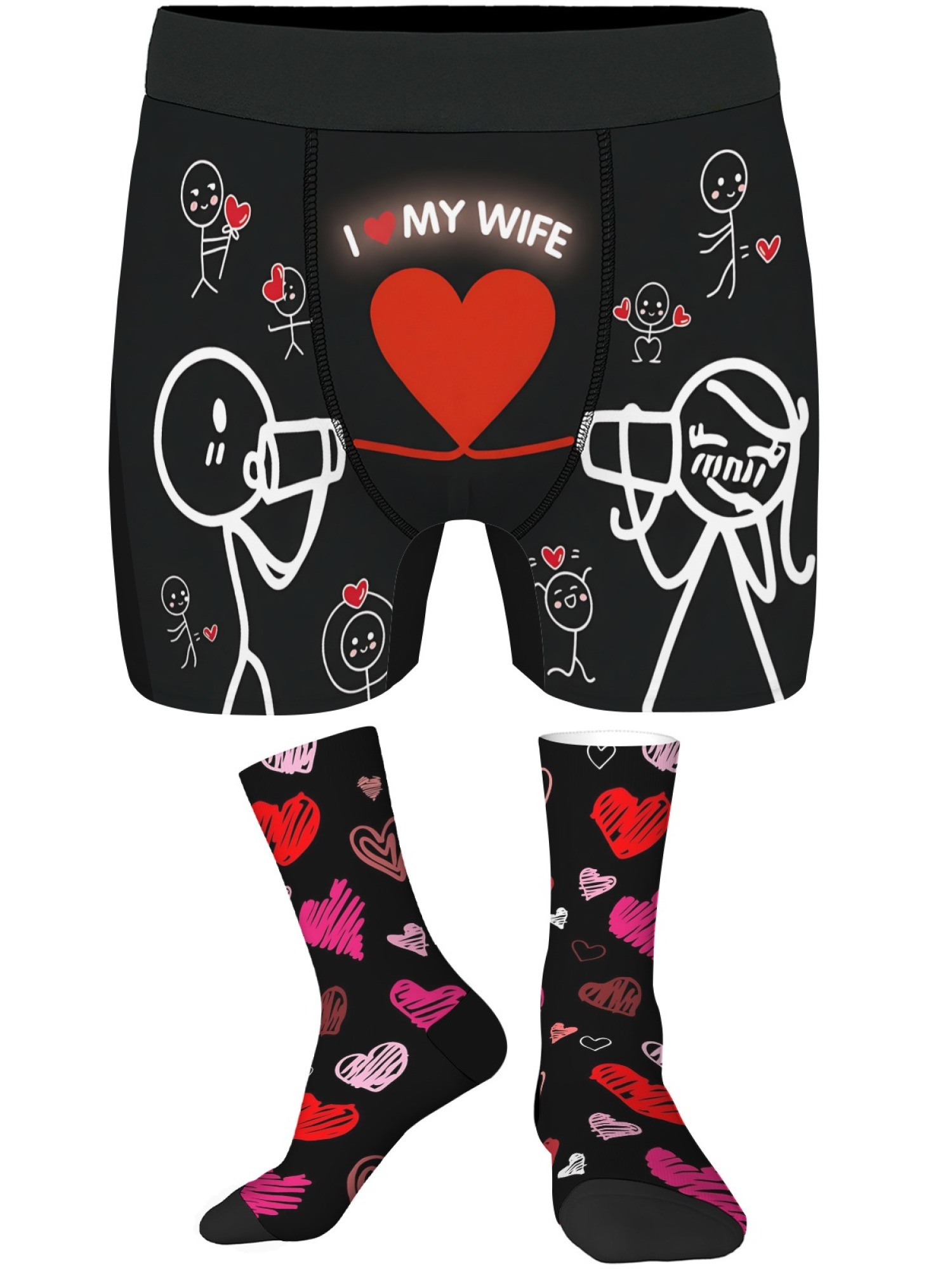 "I ❤️ My Wife" Men's Trunks & Heart Underwear & Socks Set | Romantic Stick Figure Gift Bundle