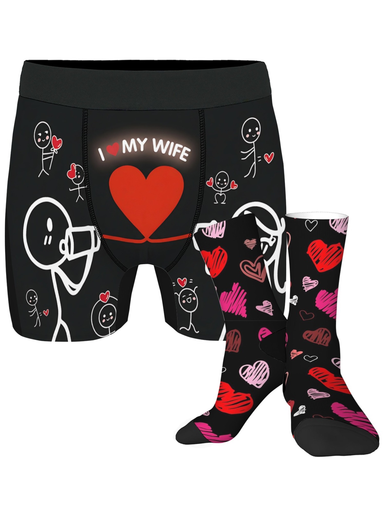 "I ❤️ My Wife" Men's Trunks & Heart Underwear & Socks Set | Romantic Stick Figure Gift Bundle