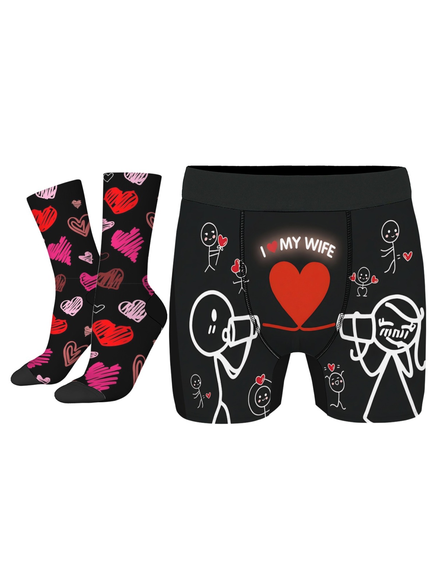 "I ❤️ My Wife" Men's Trunks & Heart Underwear & Socks Set | Romantic Stick Figure Gift Bundle