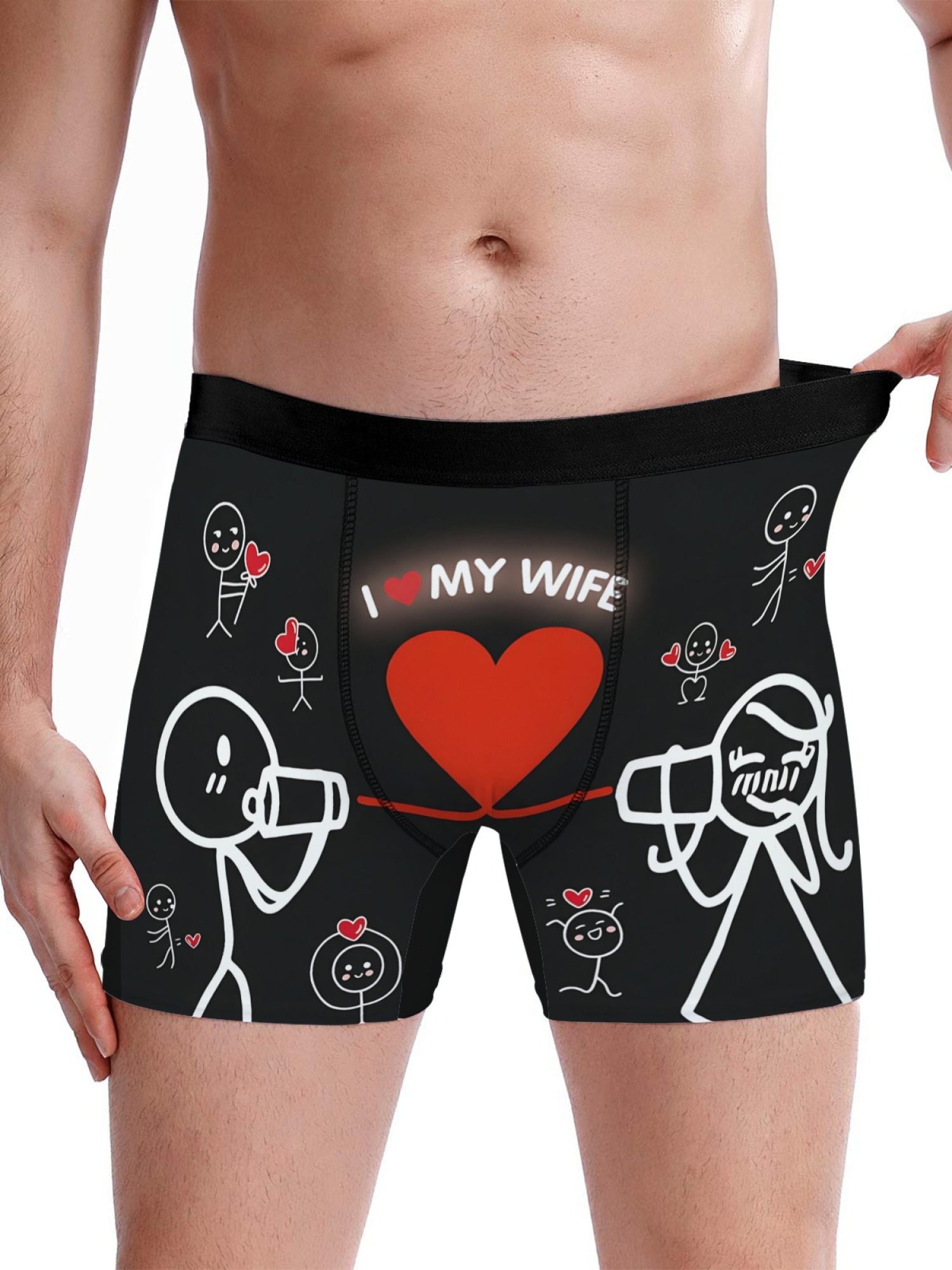 "I ❤️ My Wife" Men's Trunks & Heart Underwear & Socks Set | Romantic Stick Figure Gift Bundle