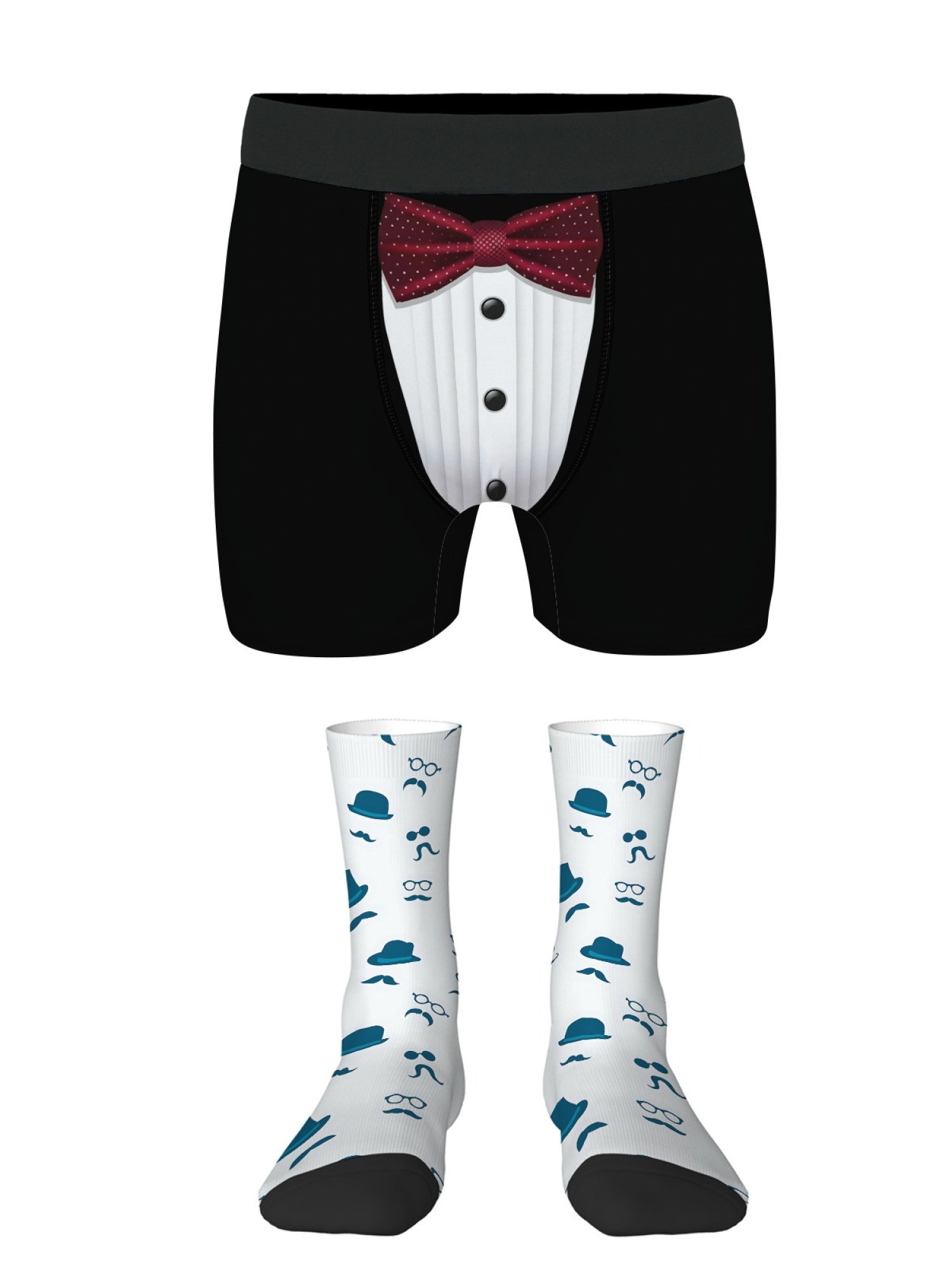 "The Gentleman" Tuxedo Men's Trunks & Mustache Socks Set | Funny Groom & Bachelor Gift Bundle