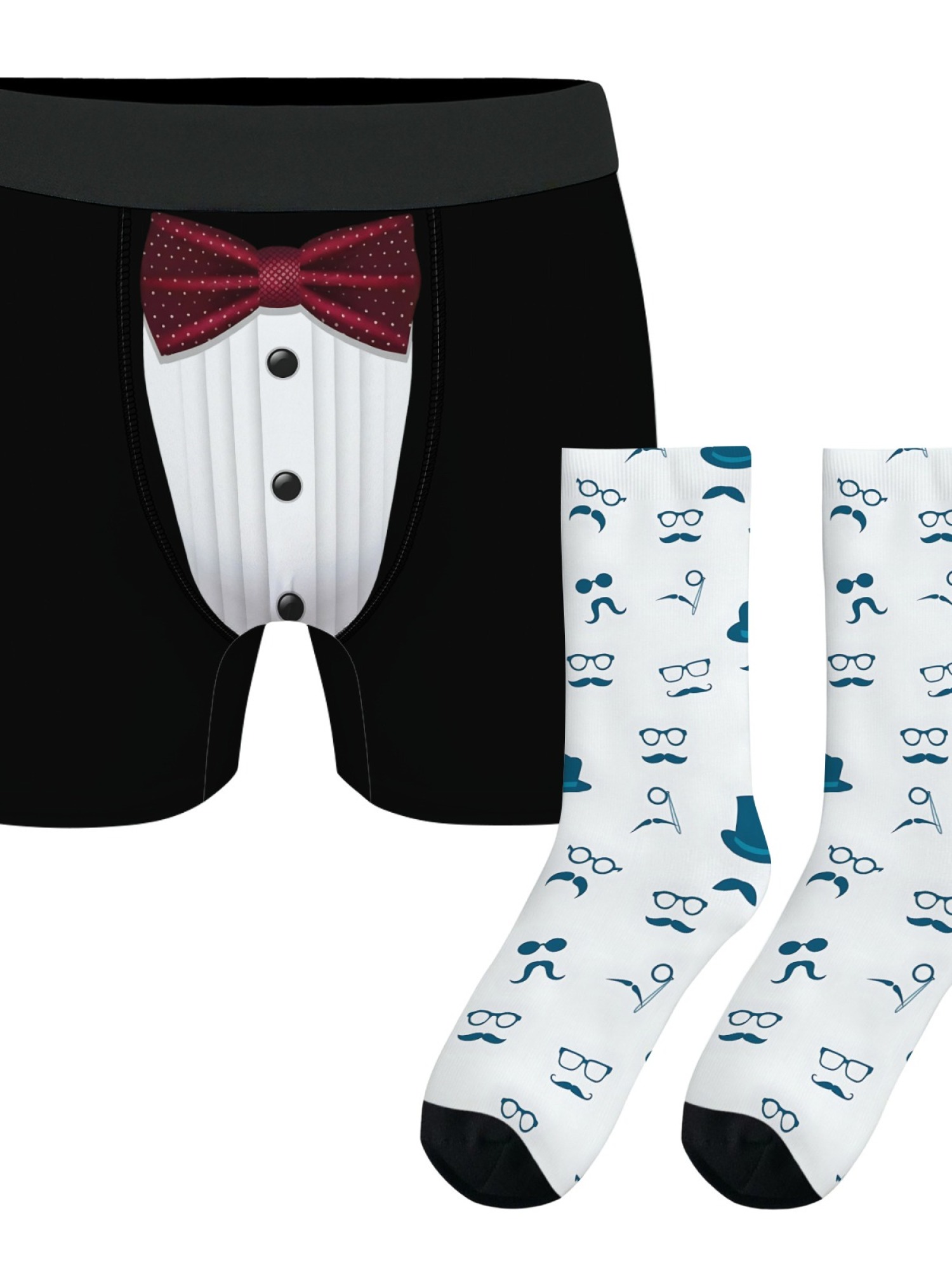 "The Gentleman" Tuxedo Men's Trunks & Mustache Socks Set | Funny Groom & Bachelor Gift Bundle