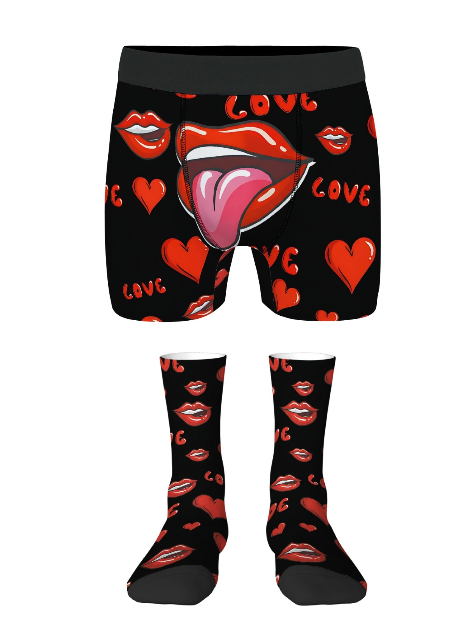 "Hot Lips" Men's Trunks & Socks Set | Sexy Tongue & Heart Print Valentine's Bundle