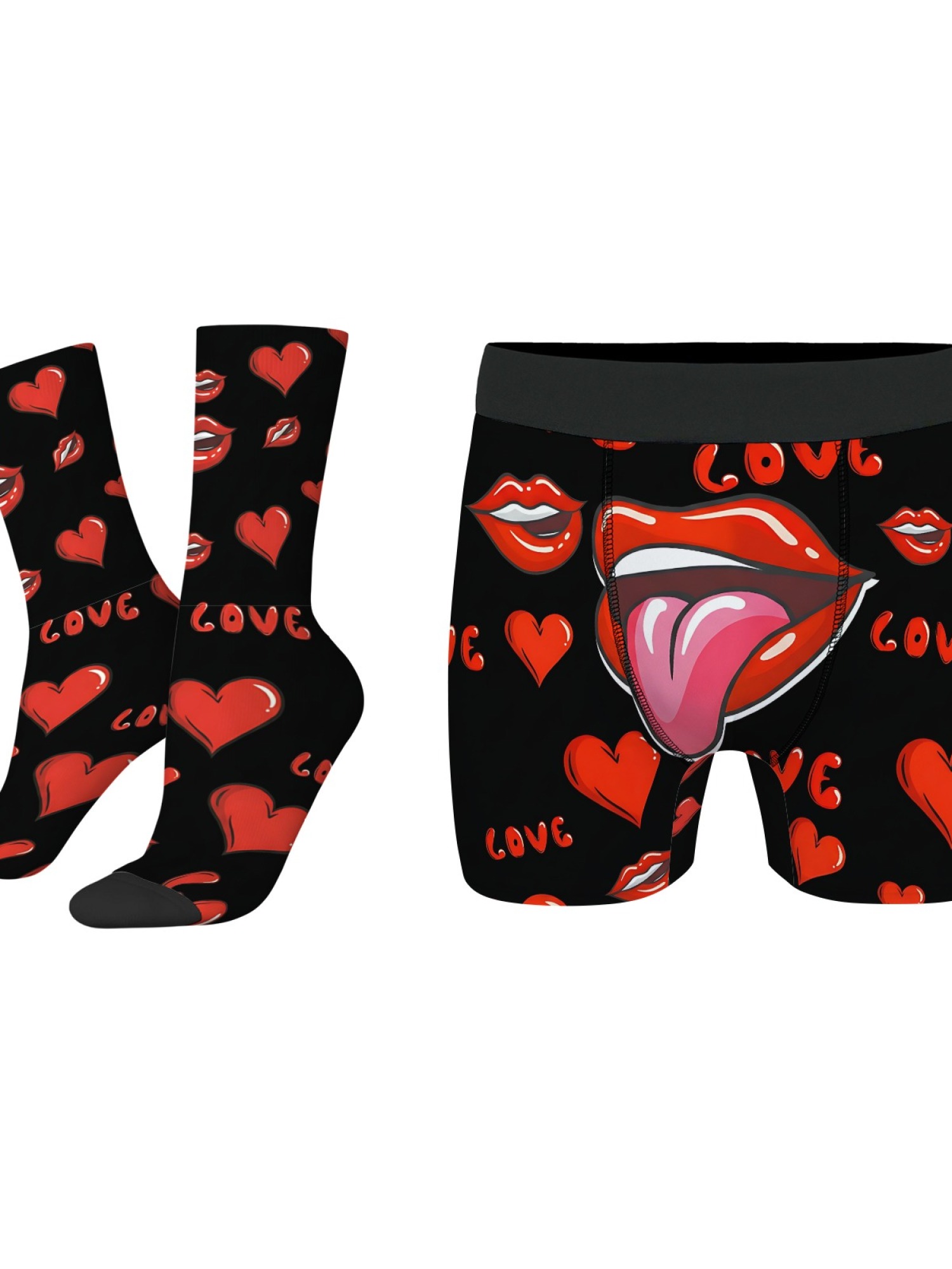 "Hot Lips" Men's Trunks & Socks Set | Sexy Tongue & Heart Print Valentine's Bundle