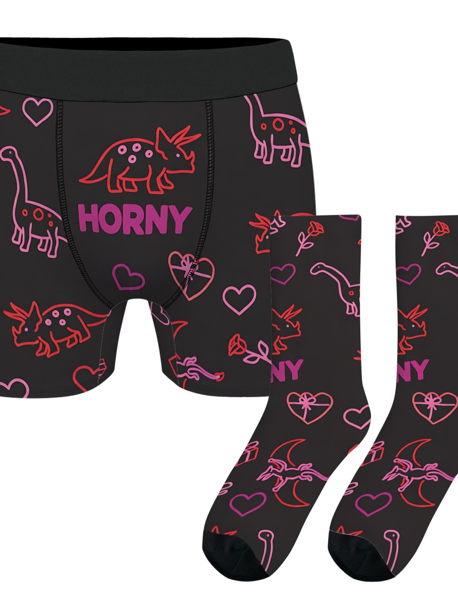 "Horny" Dinosaur Men's Trunks & Socks Set | Funny Naughty Valentine's Gift Bundle