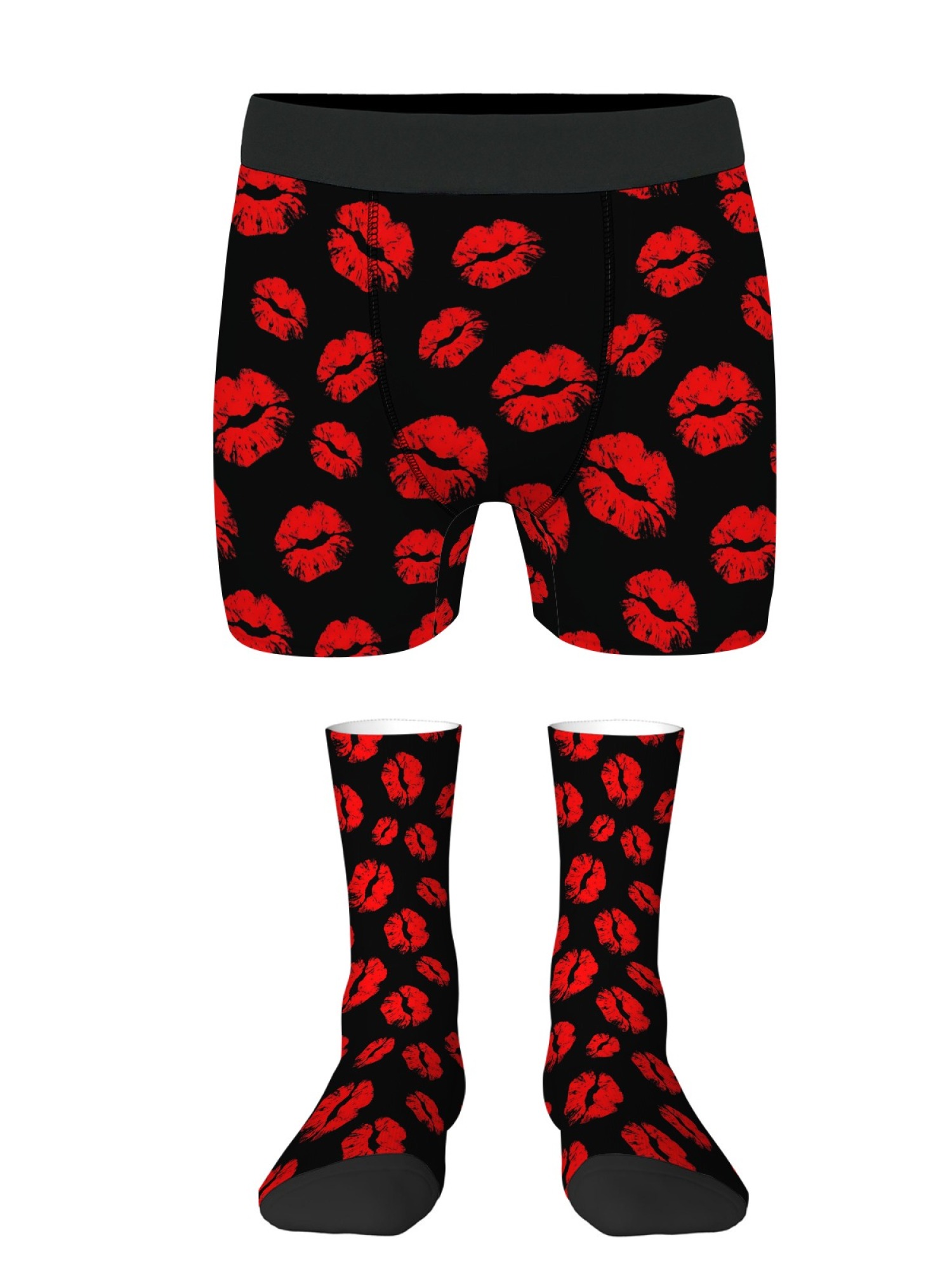 "Covered in Kisses" Men's Trunks & Socks Set | Red Lipstick Print Valentine's Bundle