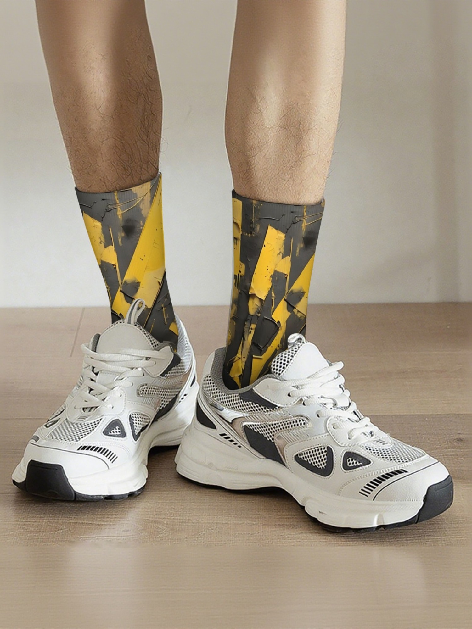 "Industrial Yellow" Abstract Art Crew Socks | Modern Streetwear Graphic Sock Set (3 Pairs)
