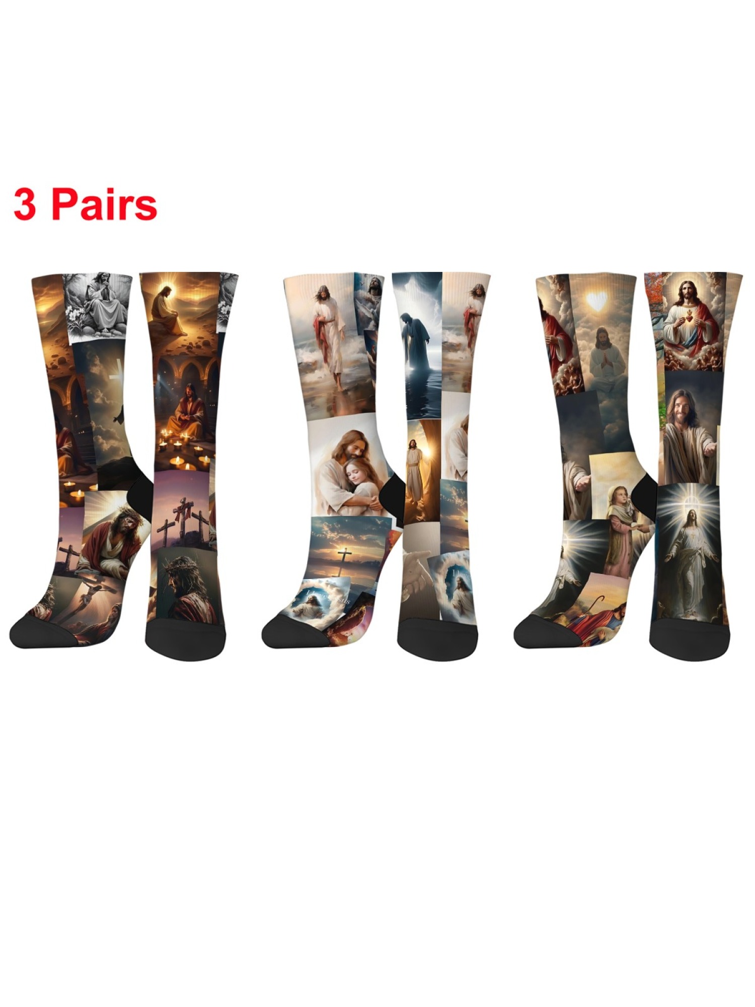 "Life of Christ" Collage Art Socks | Jesus Faith Graphic Crew Sock Set (3 Pairs)