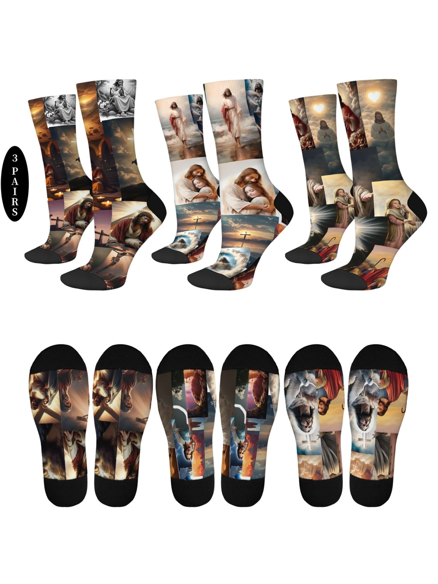 "Life of Christ" Collage Art Socks | Jesus Faith Graphic Crew Sock Set (3 Pairs)