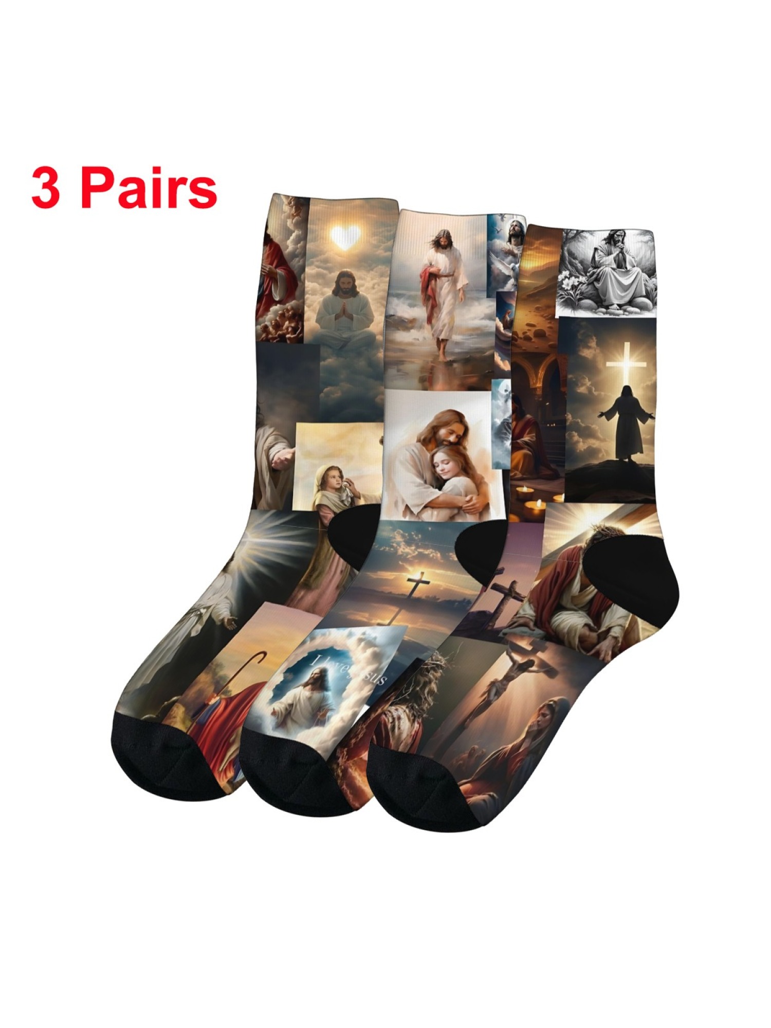 "Life of Christ" Collage Art Socks | Jesus Faith Graphic Crew Sock Set (3 Pairs)