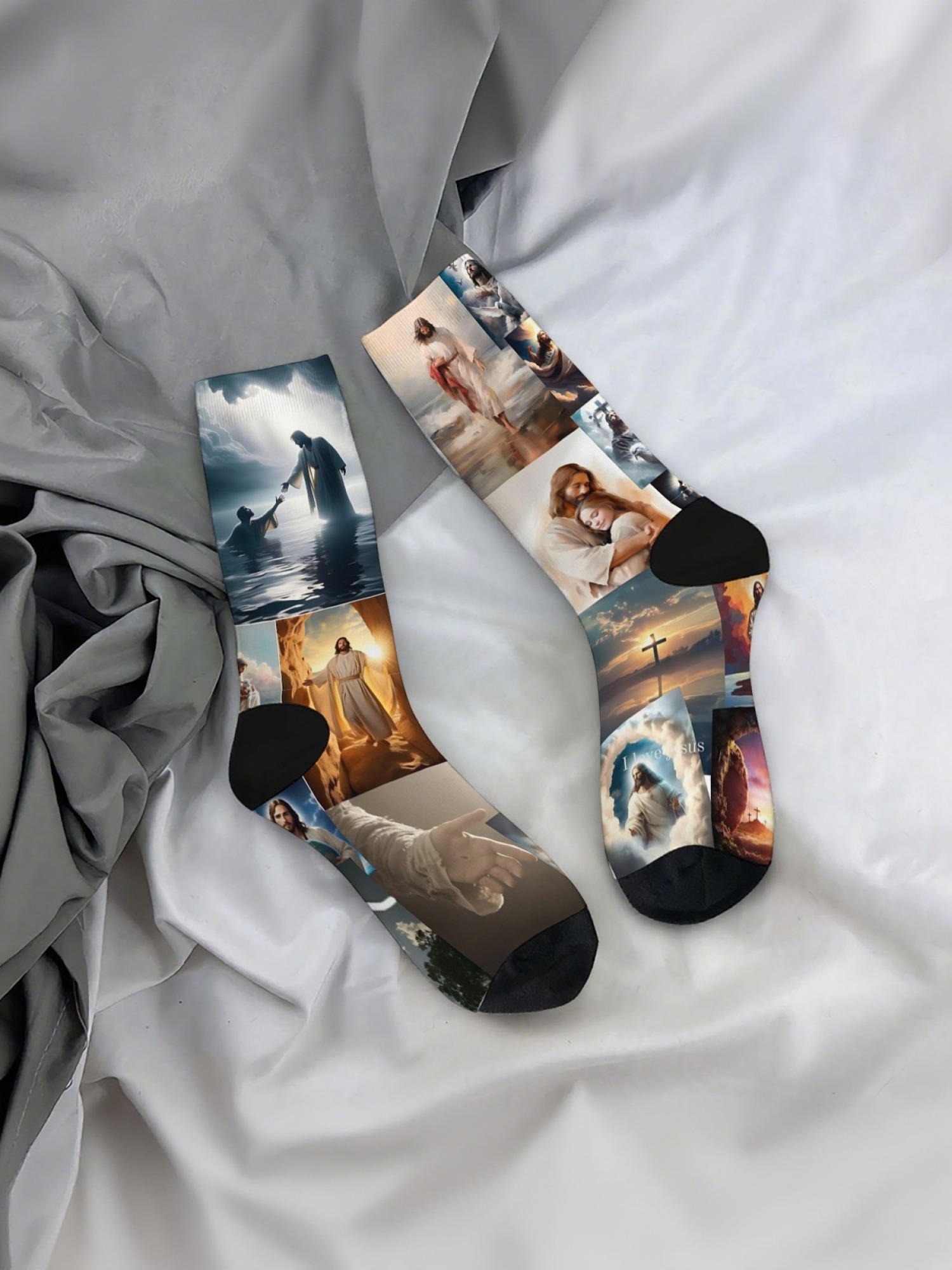 "Life of Christ" Collage Art Socks | Jesus Faith Graphic Crew Sock Set (3 Pairs)