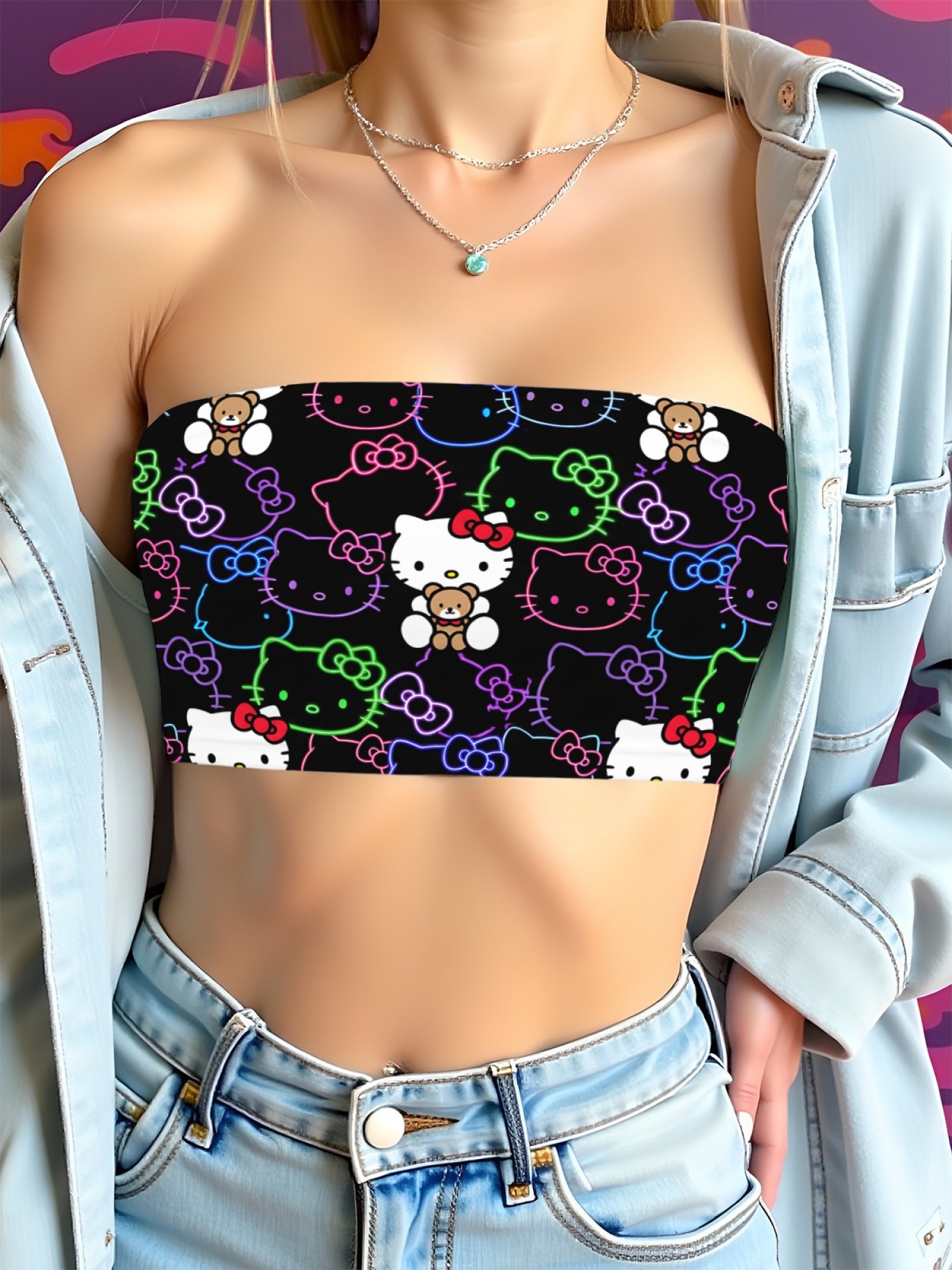 "Neon Kitty" Cute Cat Tube Top | Y2K Aesthetic Strapless Crop Top