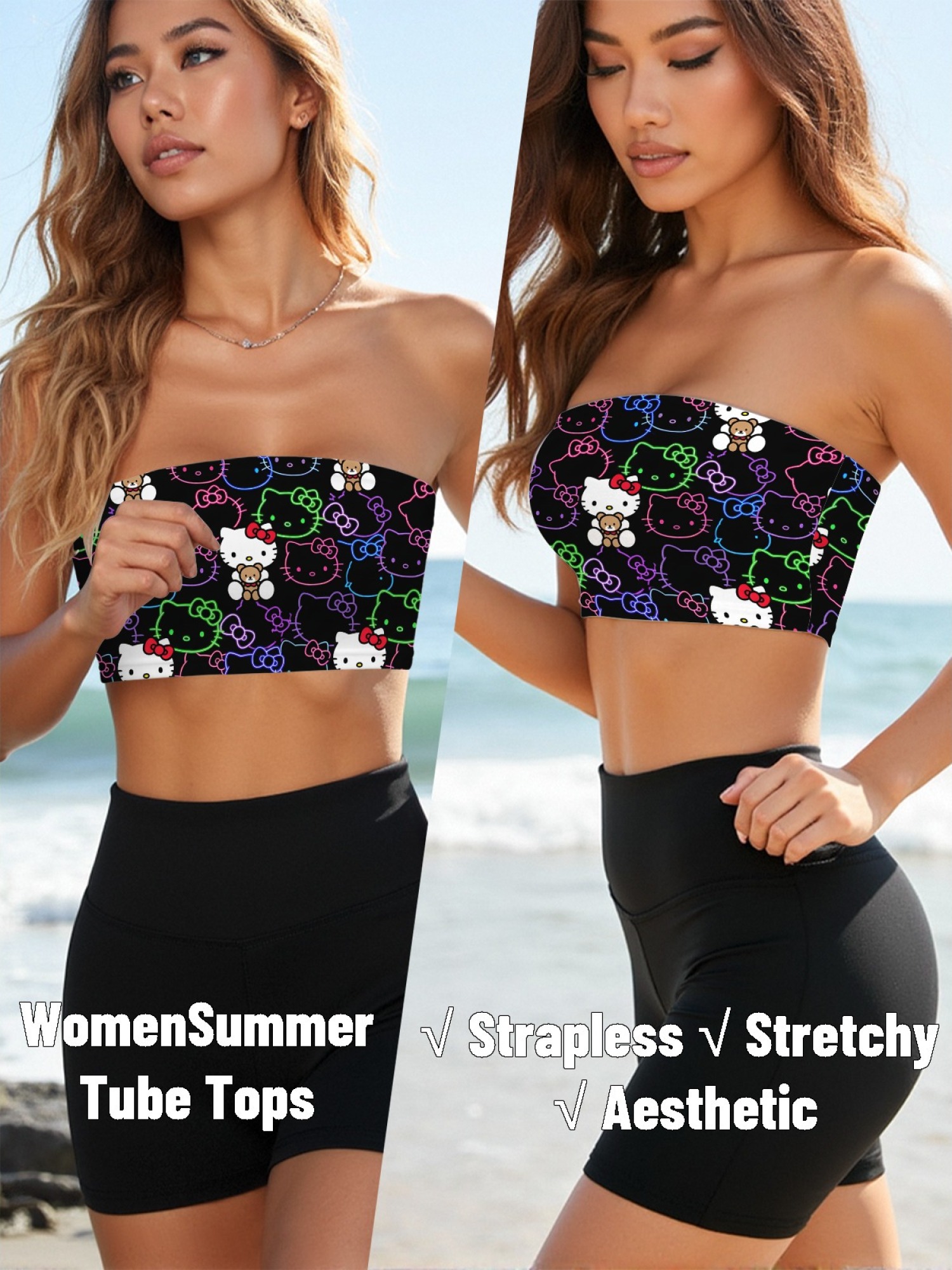 "Neon Kitty" Cute Cat Tube Top | Y2K Aesthetic Strapless Crop Top
