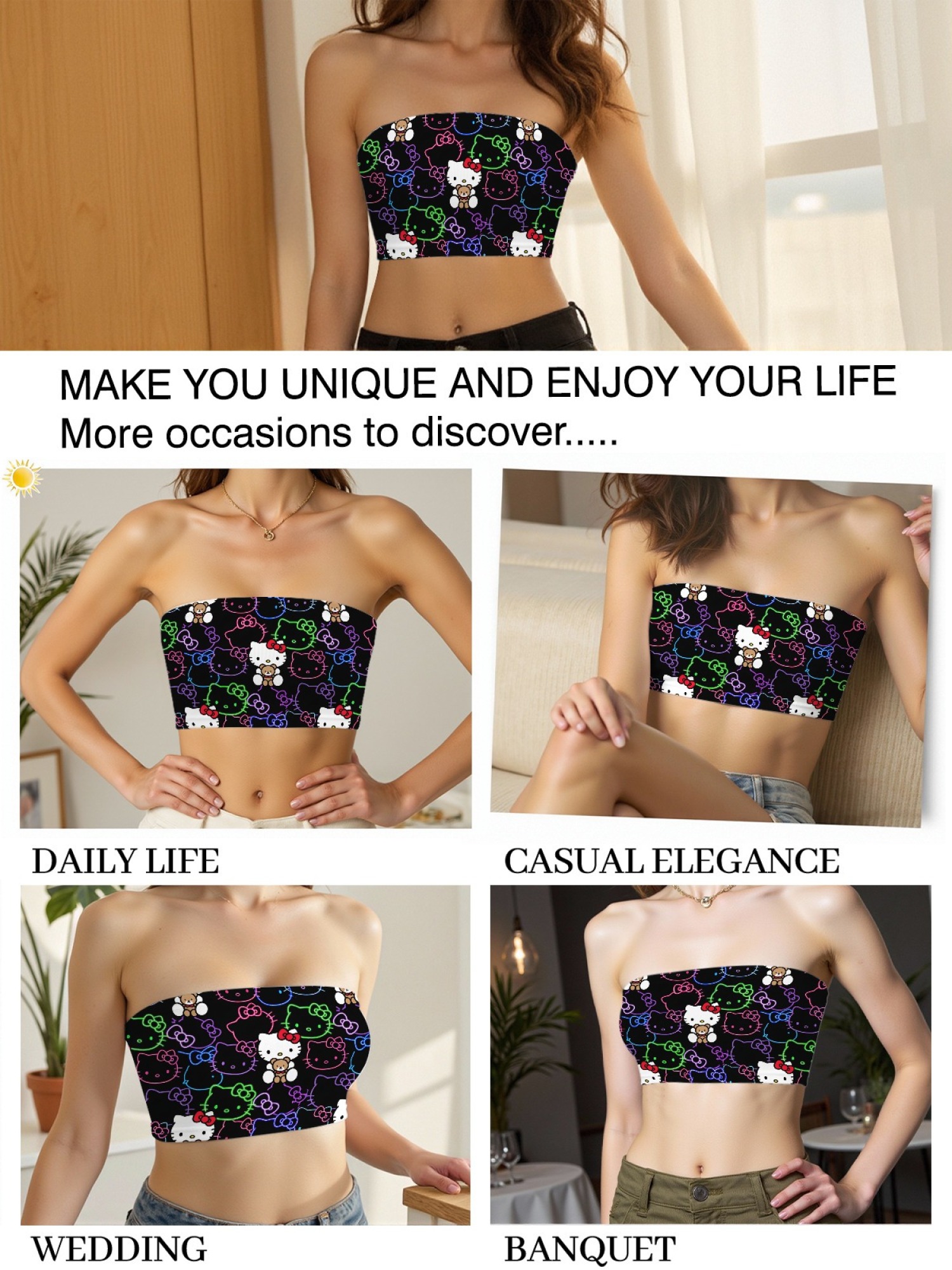 "Neon Kitty" Cute Cat Tube Top | Y2K Aesthetic Strapless Crop Top