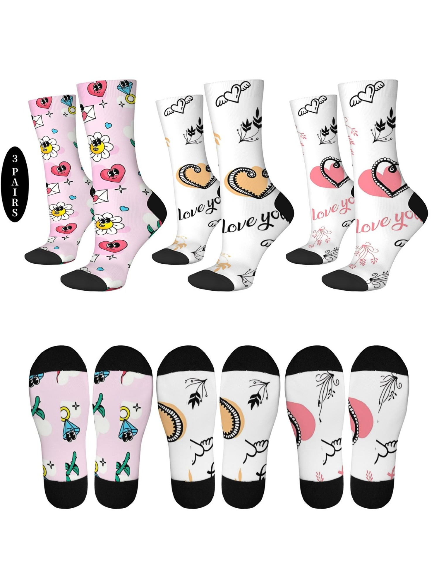 "Doodle Love" Romantic Crew Socks | Cute Heart & Cartoon Flower Print Set (3 Pairs)