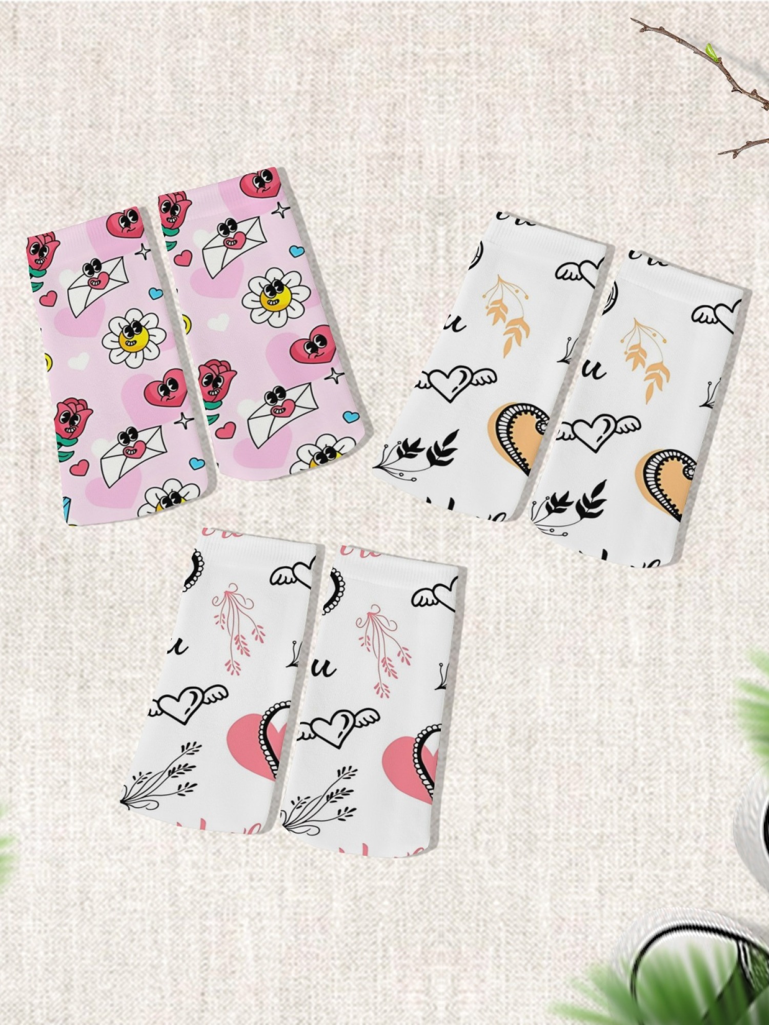 "Doodle Love" Romantic Crew Socks | Cute Heart & Cartoon Flower Print Set (3 Pairs)