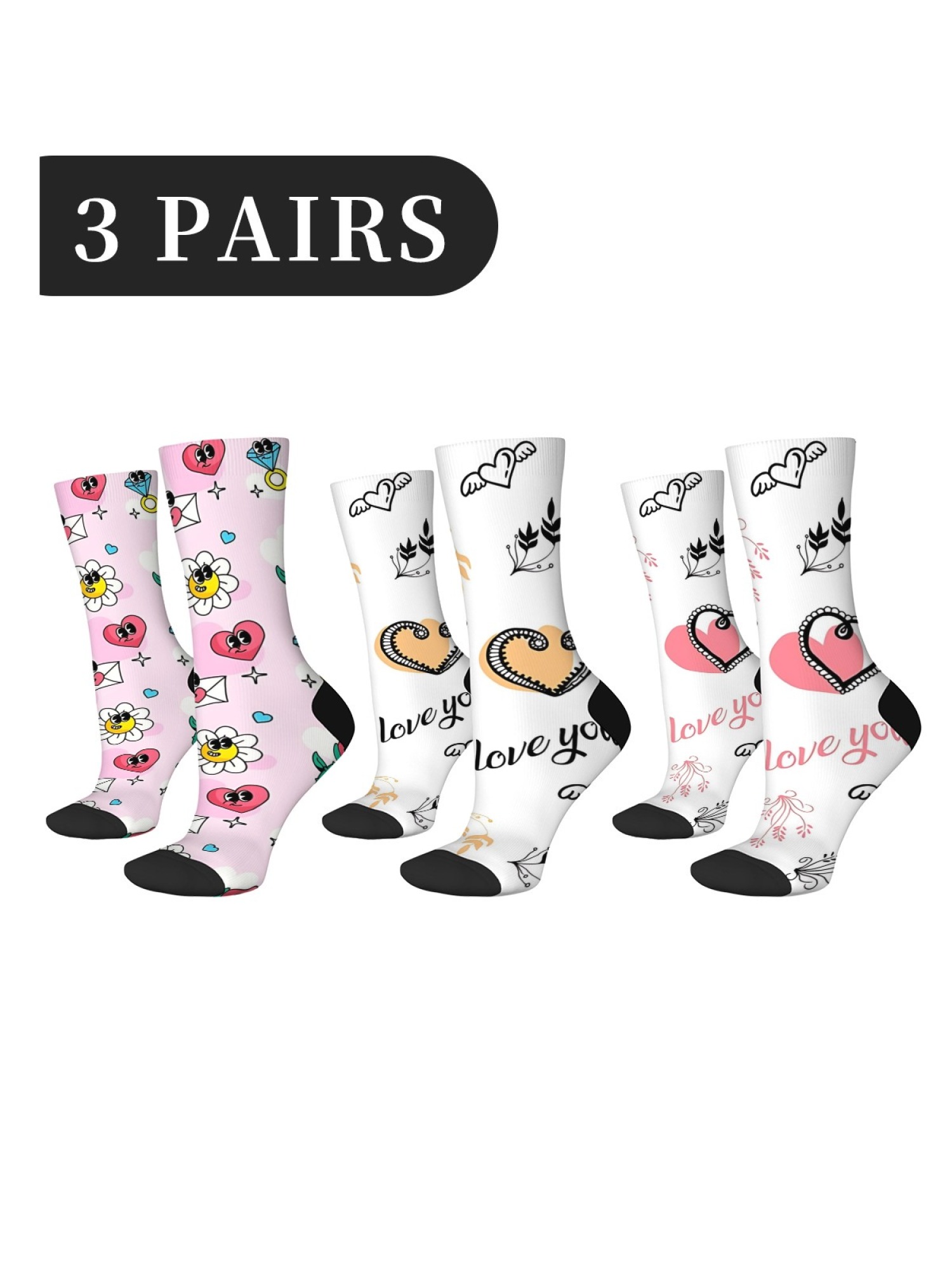 "Doodle Love" Romantic Crew Socks | Cute Heart & Cartoon Flower Print Set (3 Pairs)