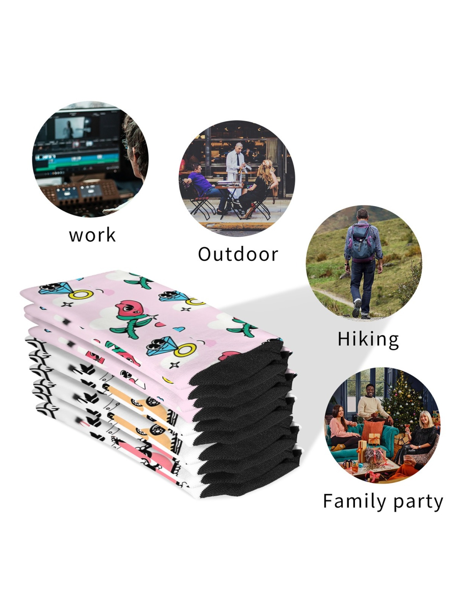 "Doodle Love" Romantic Crew Socks | Cute Heart & Cartoon Flower Print Set (3 Pairs)