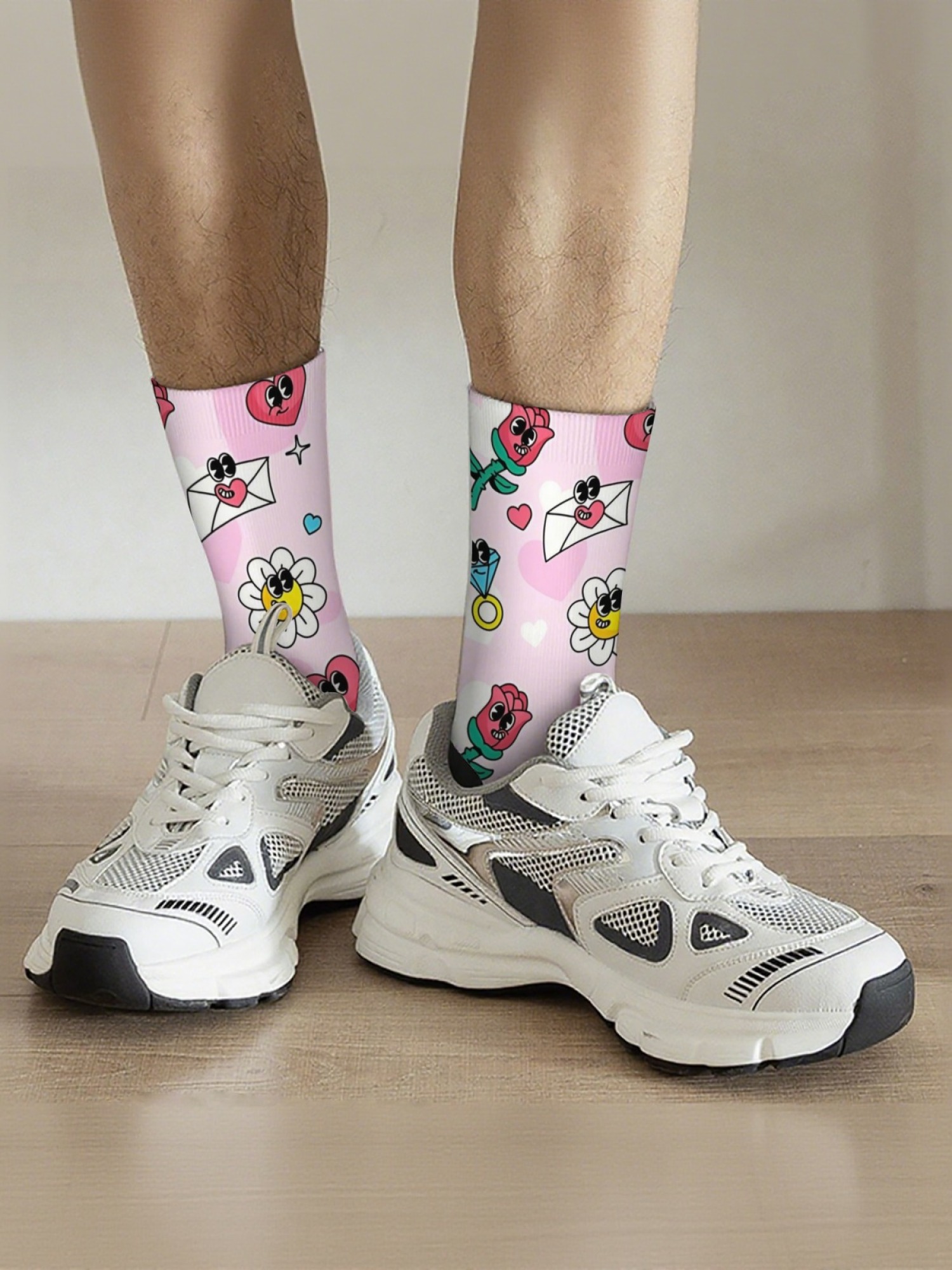 "Doodle Love" Romantic Crew Socks | Cute Heart & Cartoon Flower Print Set (3 Pairs)