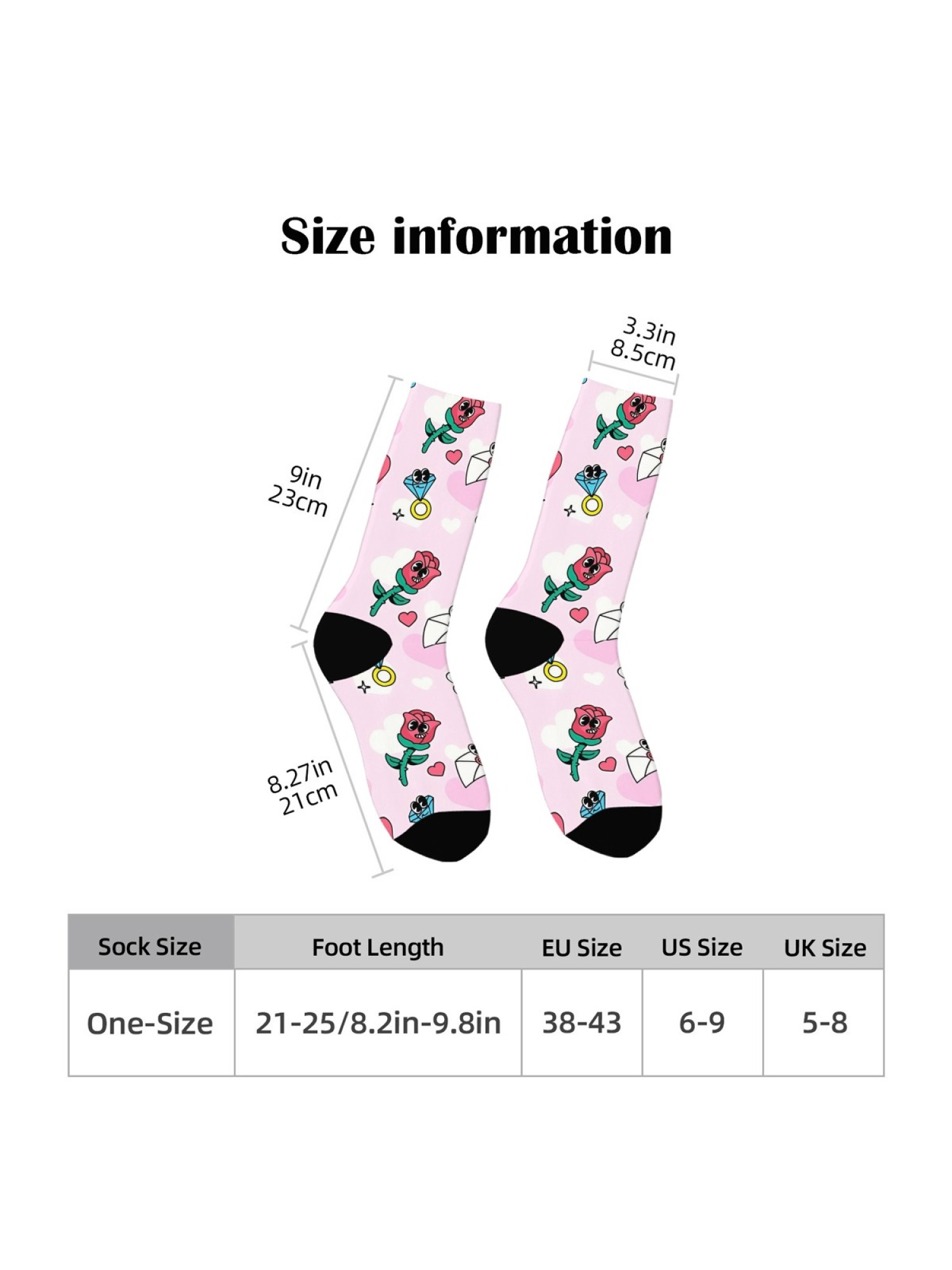 "Doodle Love" Romantic Crew Socks | Cute Heart & Cartoon Flower Print Set (3 Pairs)